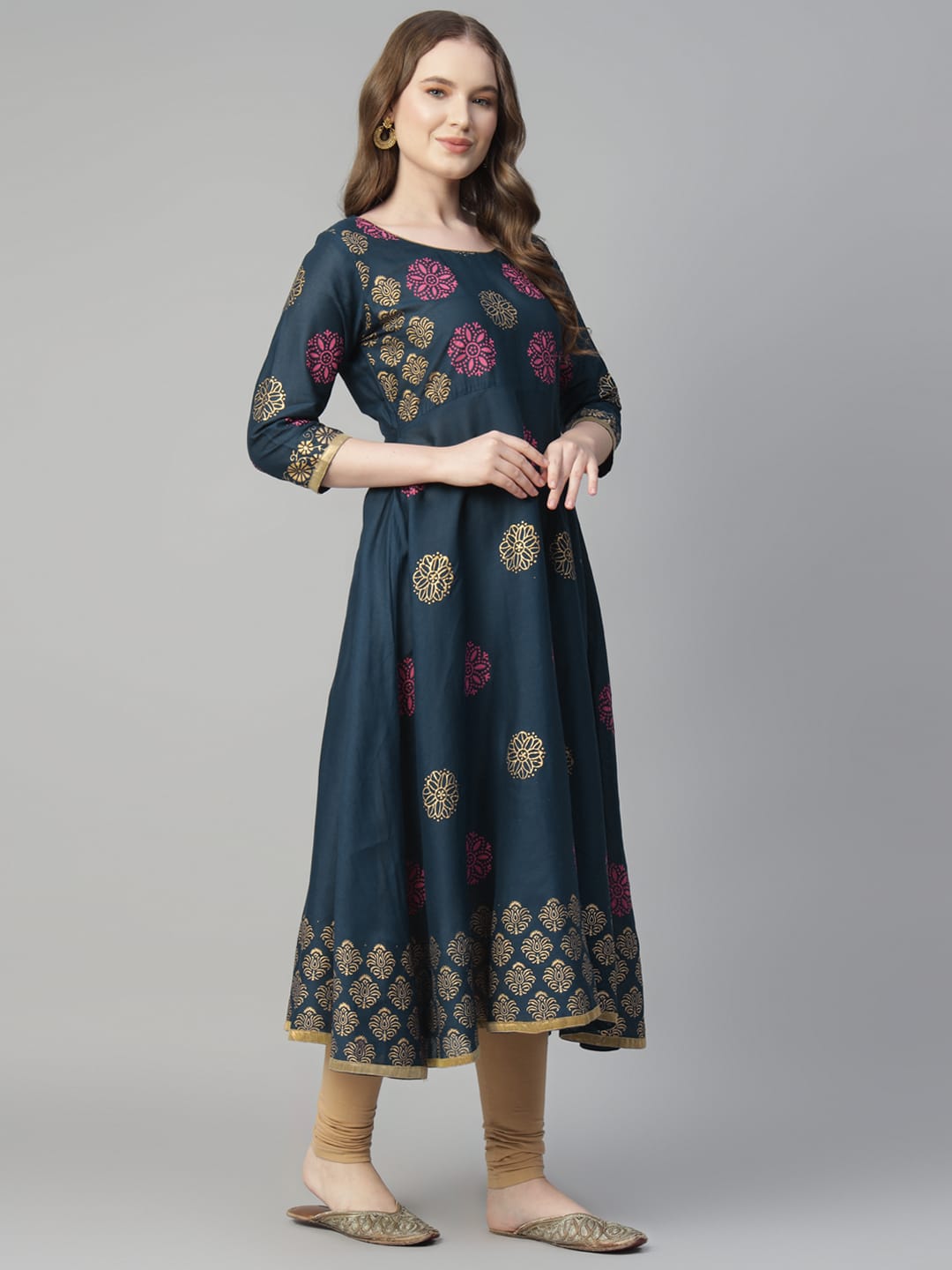 Women Dark Blue Cotton Printed Anarkali Kurti