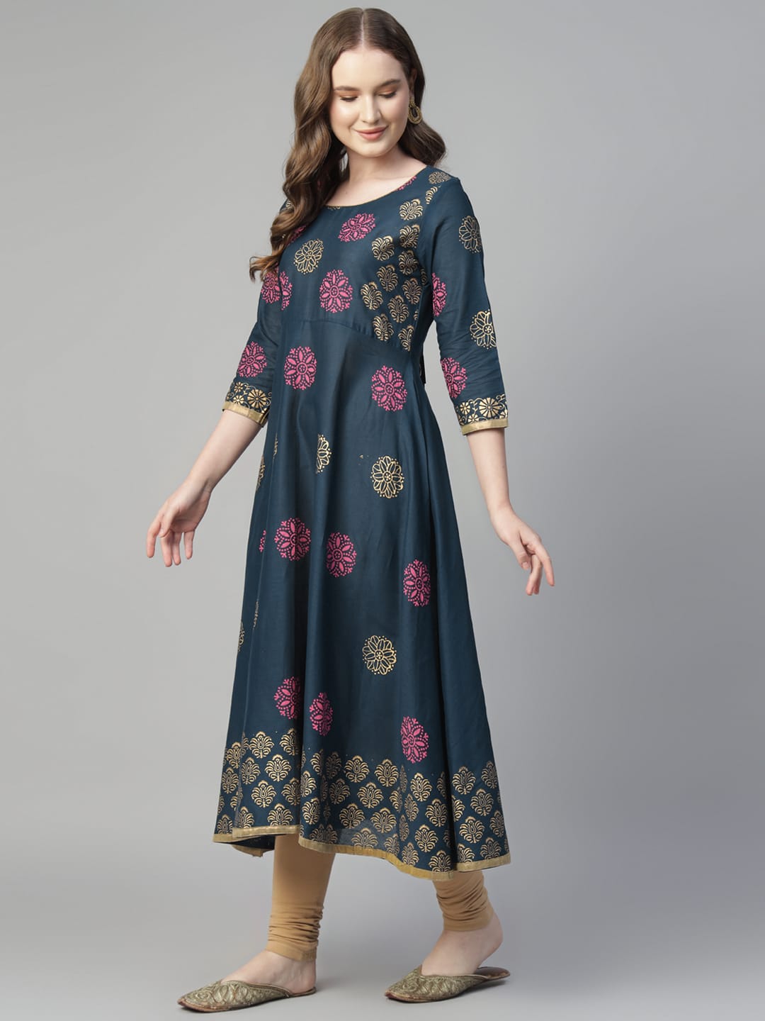 Women Dark Blue Cotton Printed Anarkali Kurti