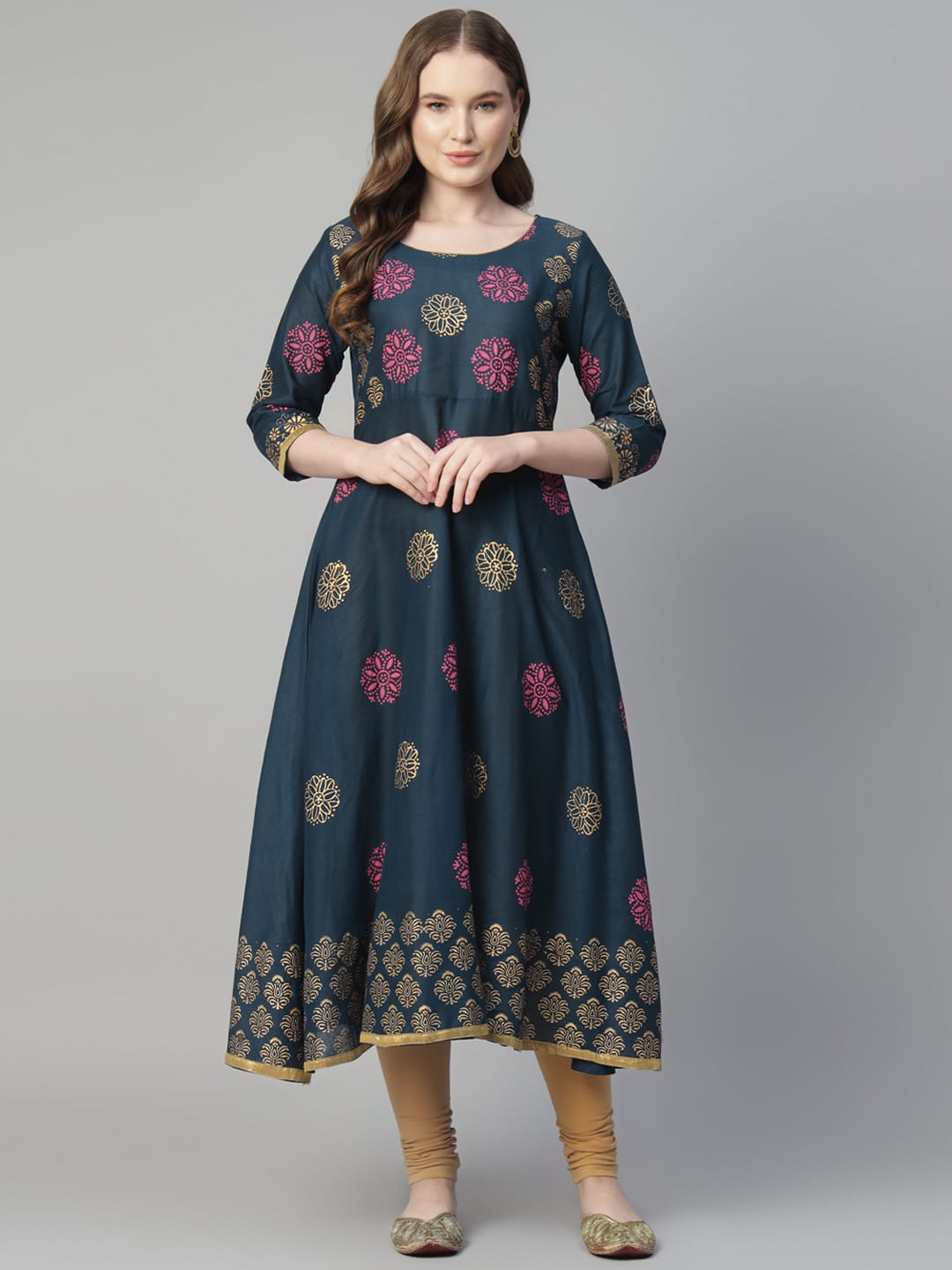 Women Dark Blue Cotton Printed Anarkali Kurti