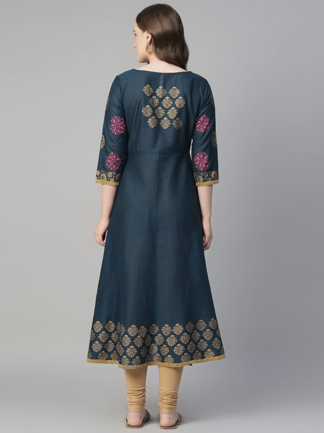 Women Dark Blue Cotton Printed Anarkali Kurti