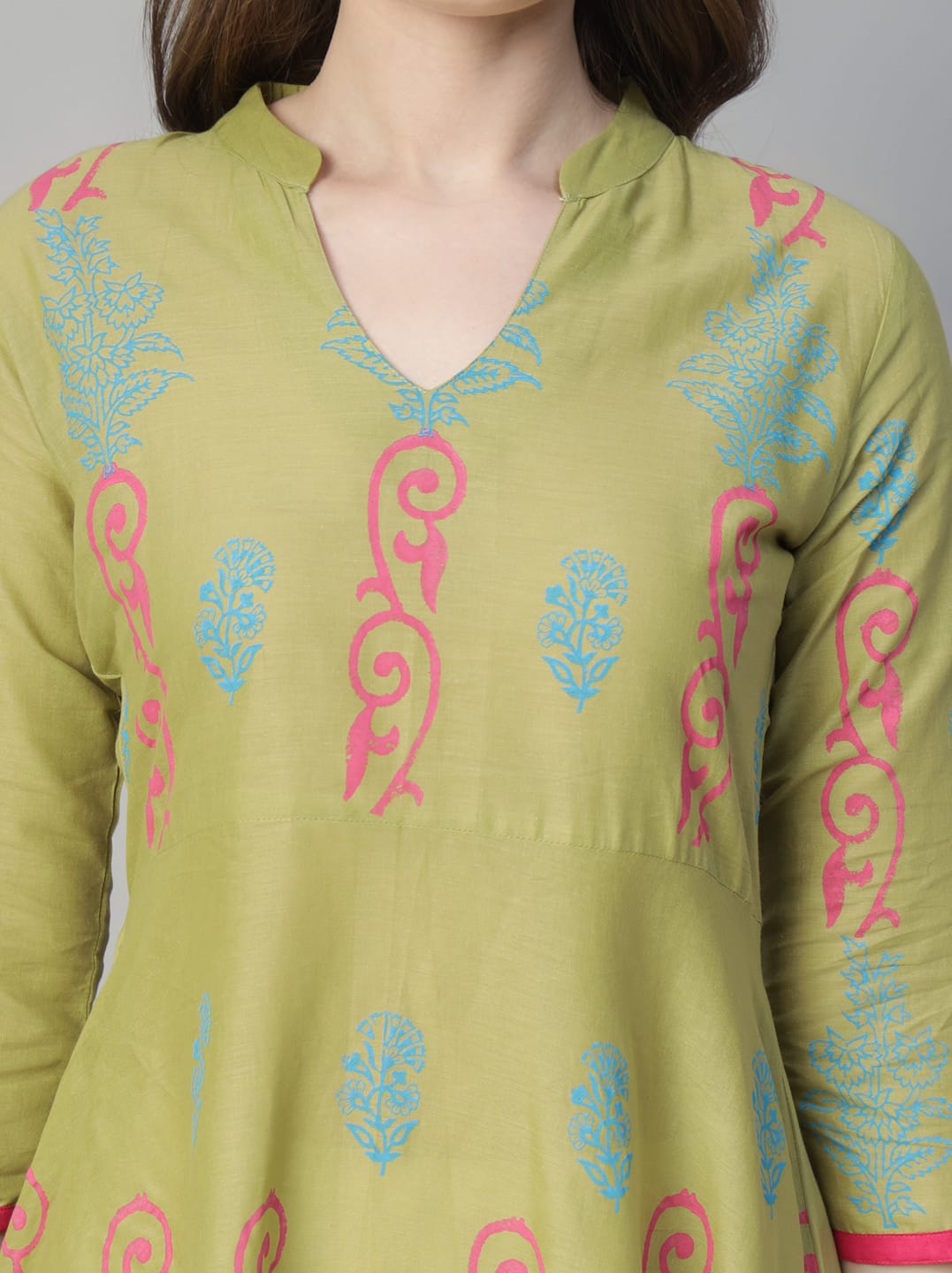 Women Lime Green Cotton Printed Anarkali Kurti