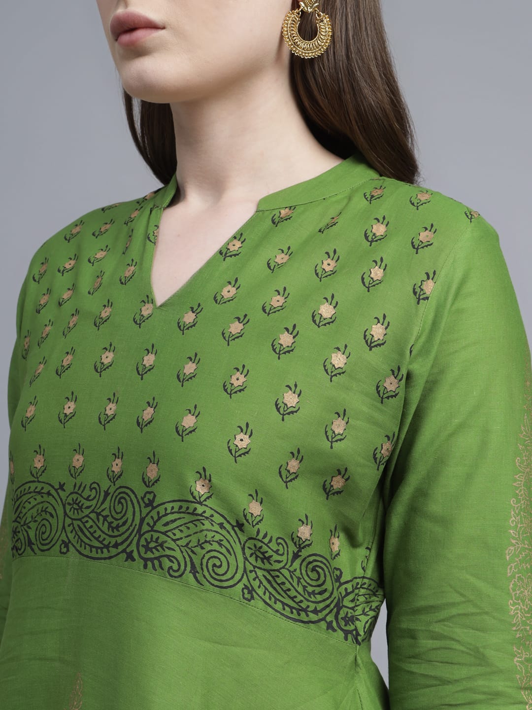 Women Green Cotton Printed Anarkali Kurti