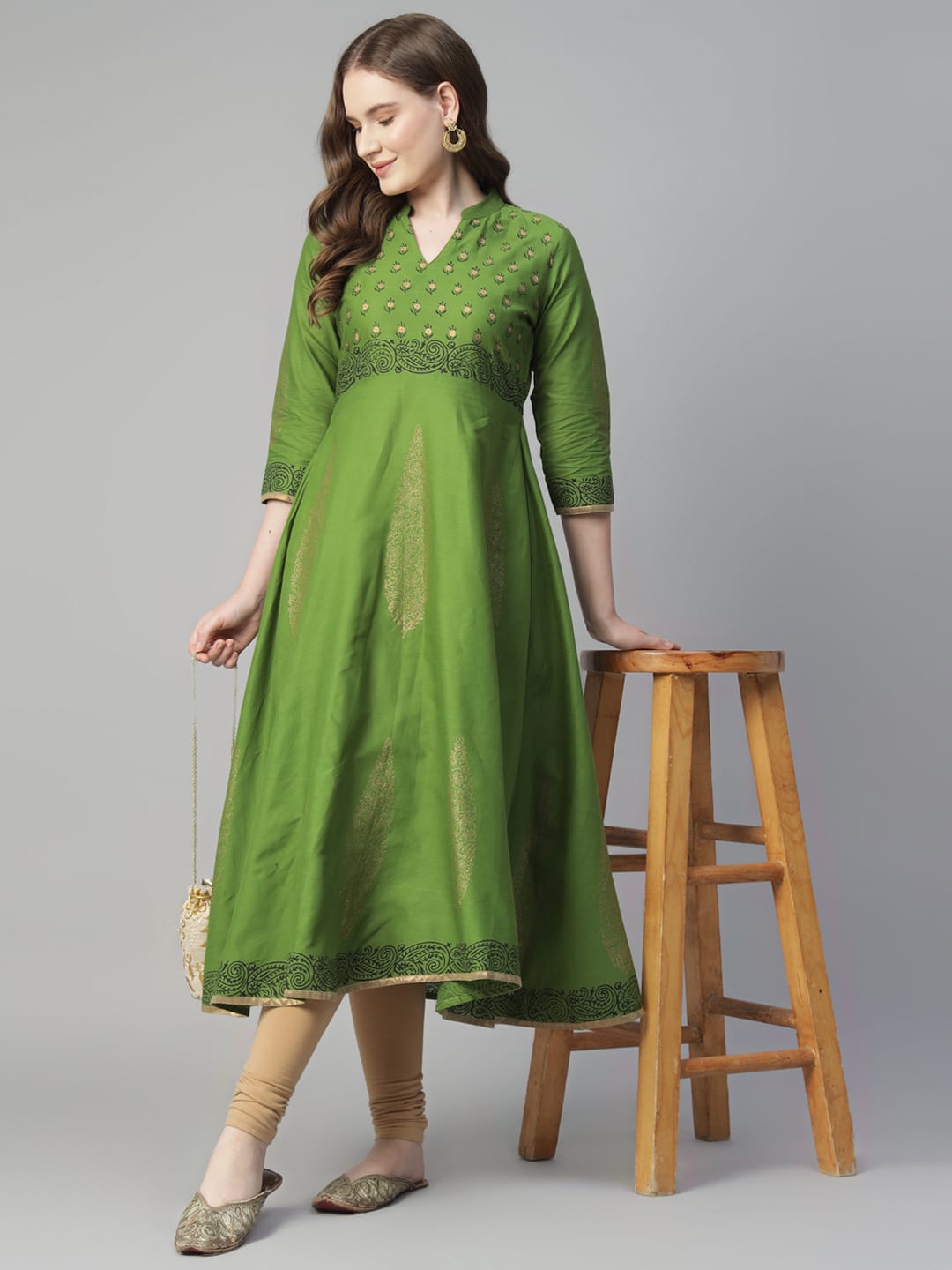 Women Green Cotton Printed Anarkali Kurti