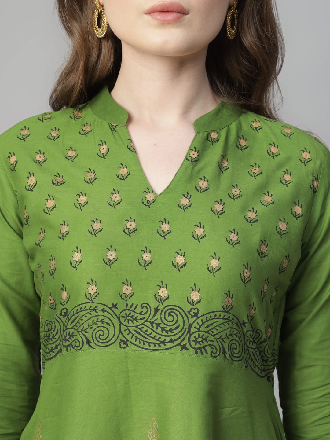 Women Green Cotton Printed Anarkali Kurti