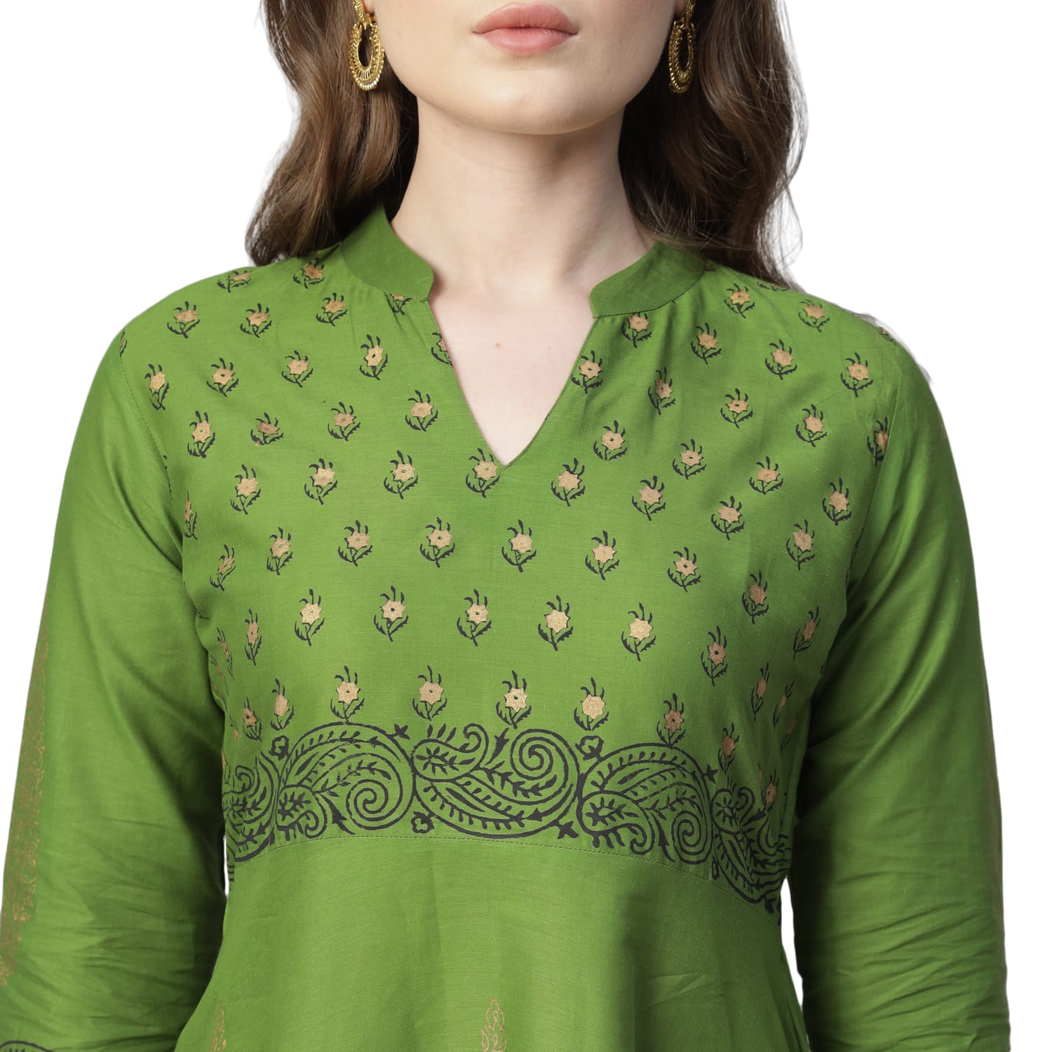 Women Green Cotton Printed Anarkali Kurti