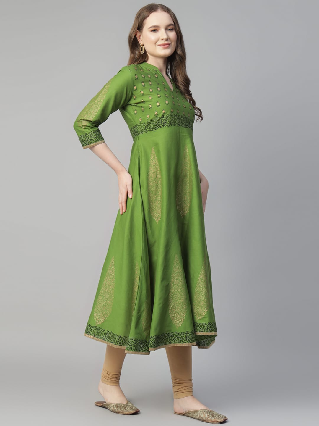 Women Green Cotton Printed Anarkali Kurti