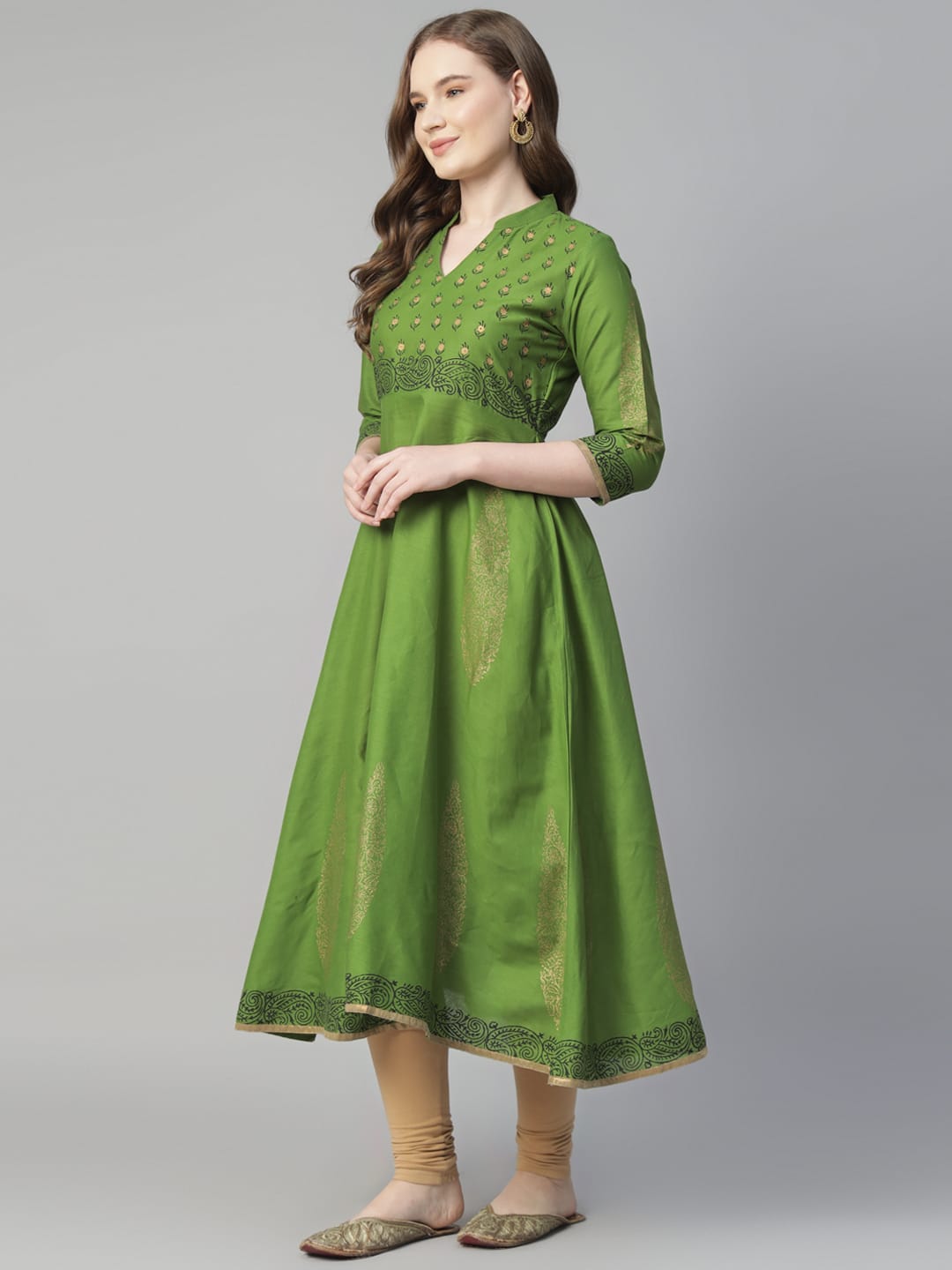 Women Green Cotton Printed Anarkali Kurti