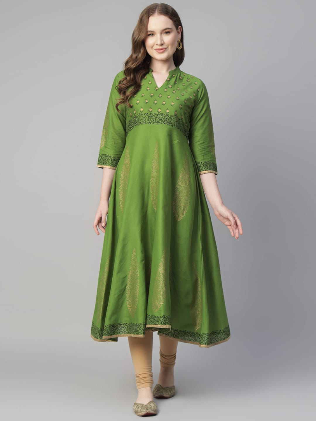 Women Green Cotton Printed Anarkali Kurti