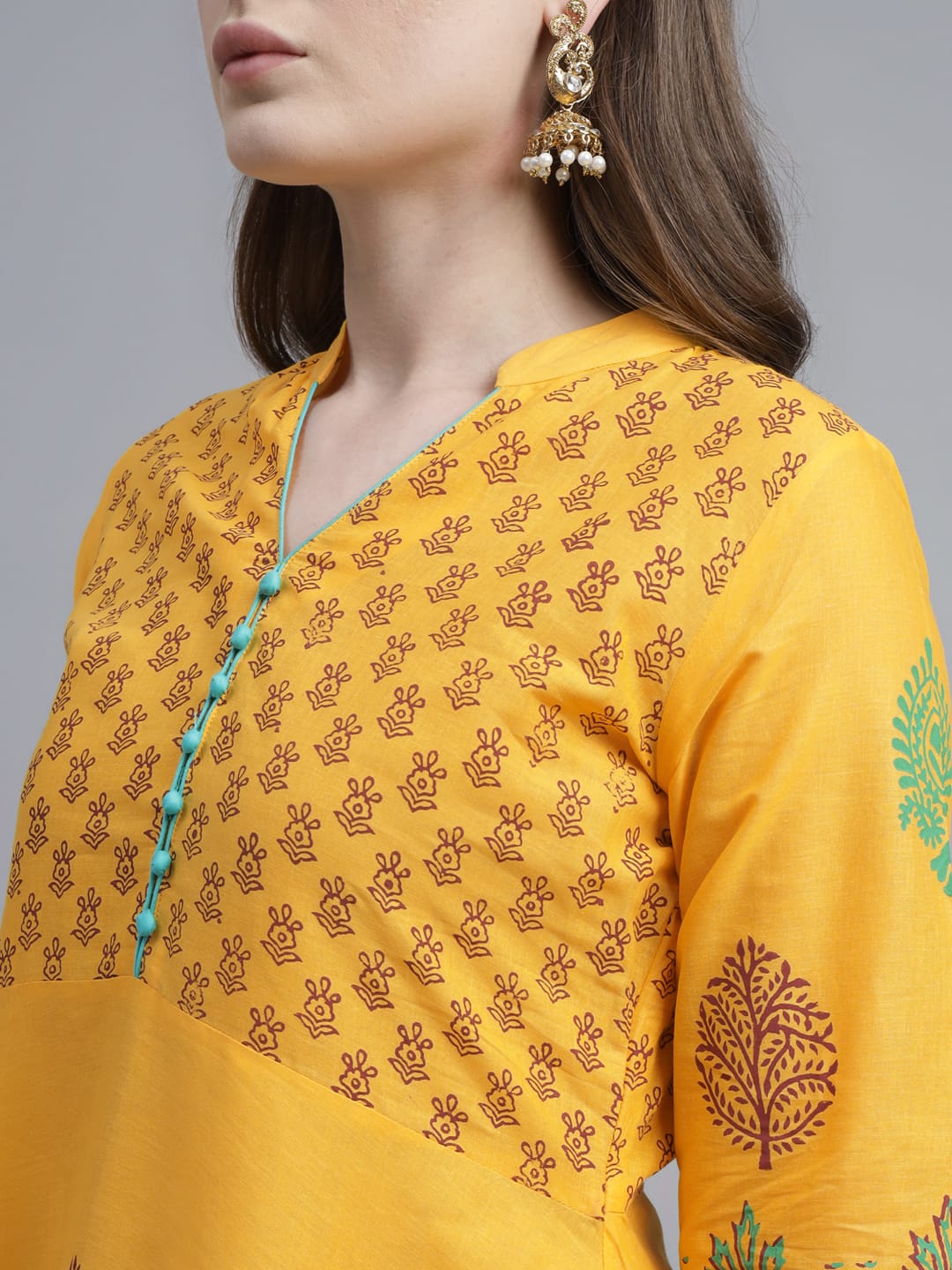 Women Yellow Cotton Printed Anarkali Kurti