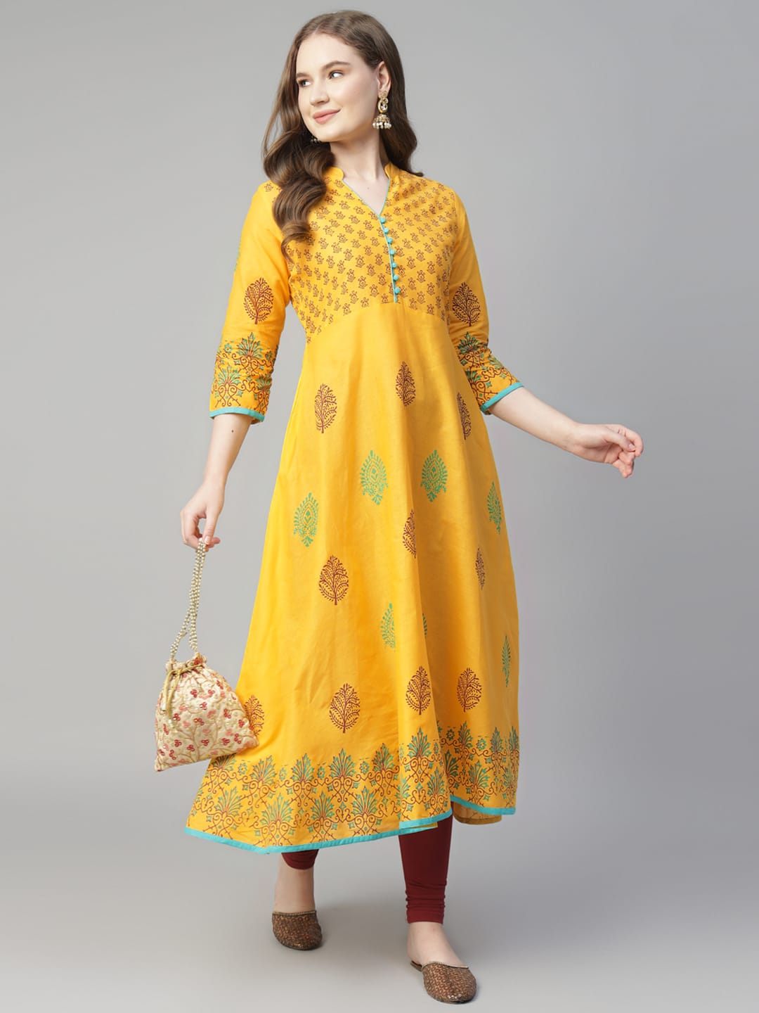 Women Yellow Cotton Printed Anarkali Kurti