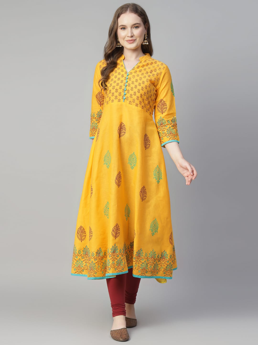 Women Yellow Cotton Printed Anarkali Kurti