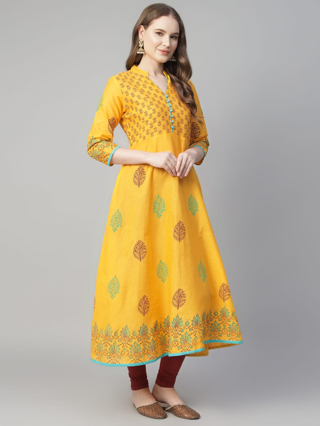 Women Yellow Cotton Printed Anarkali Kurti