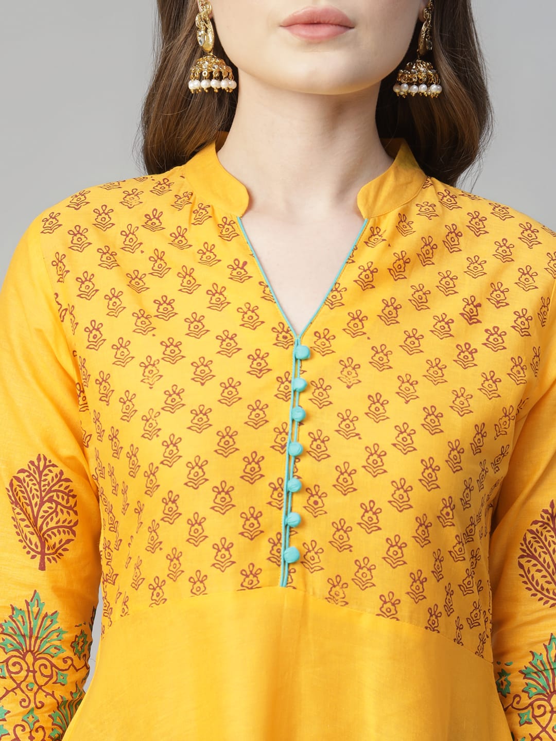 Women Yellow Cotton Printed Anarkali Kurti