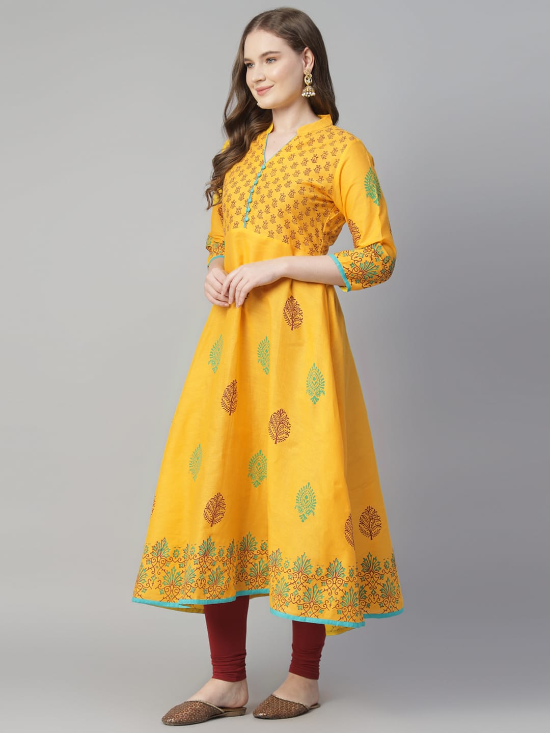 Women Yellow Cotton Printed Anarkali Kurti