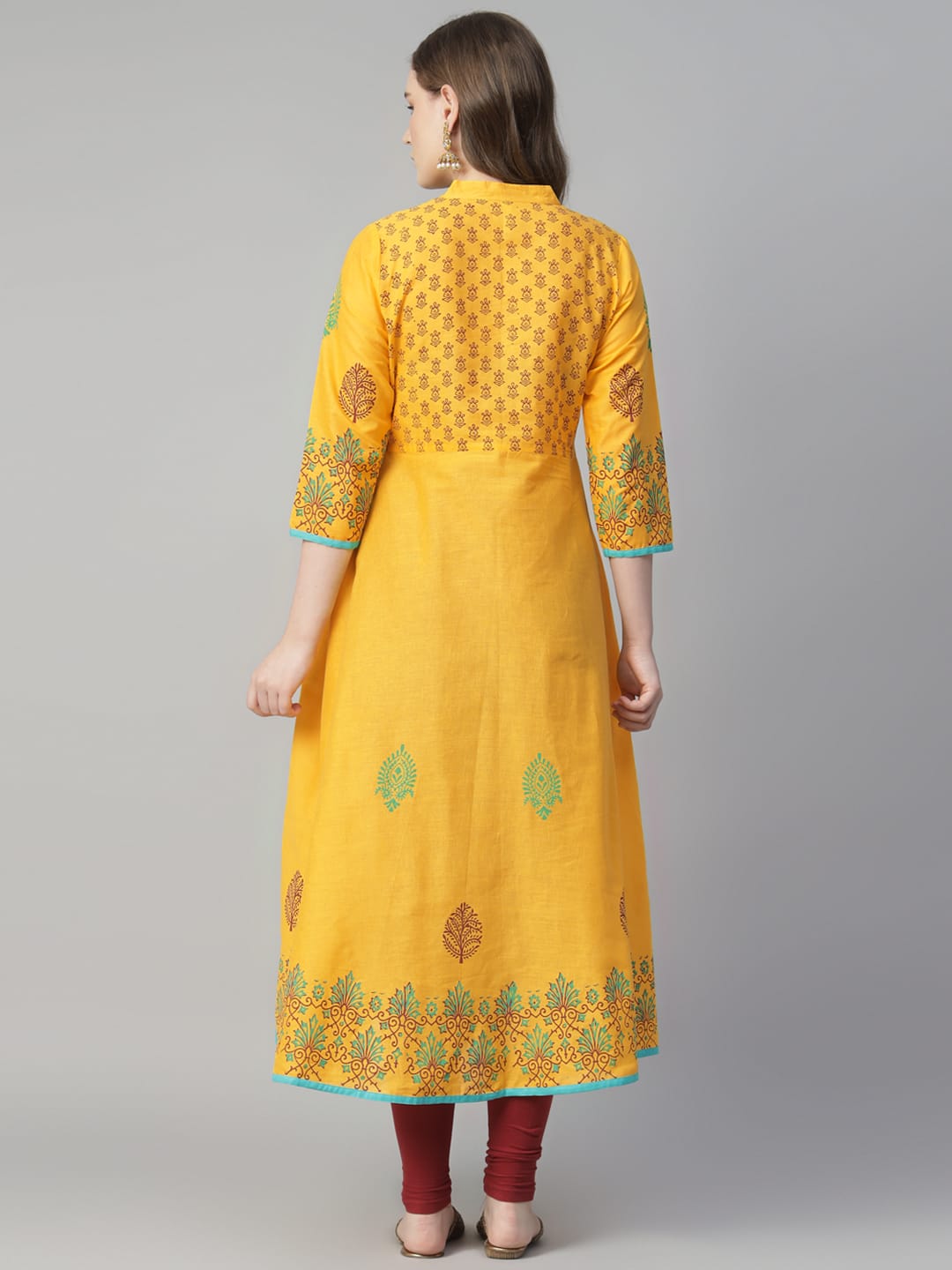 Women Yellow Cotton Printed Anarkali Kurti