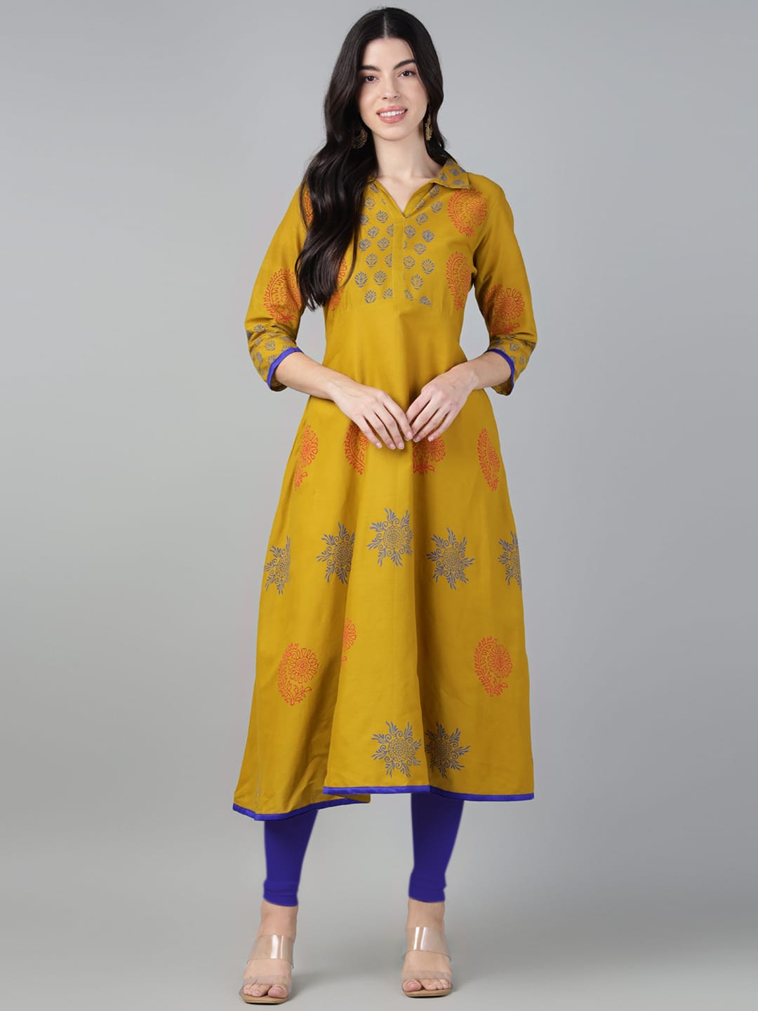 Women Mustard Cotton Printed Anarkali Kurti