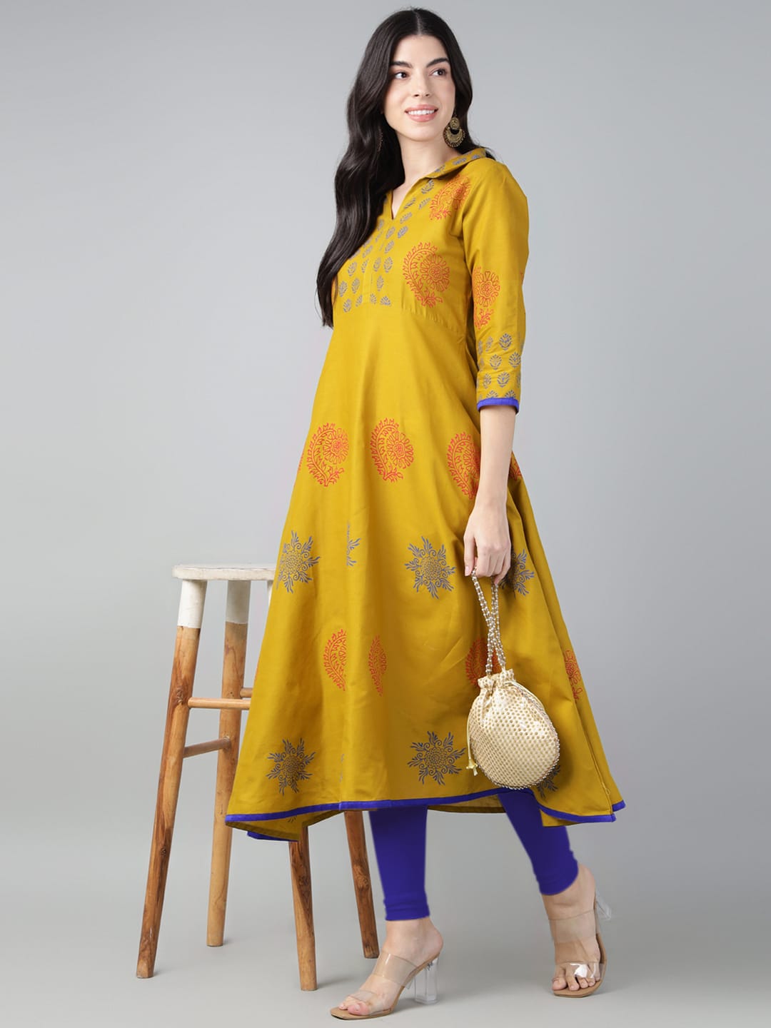 Women Mustard Cotton Printed Anarkali Kurti