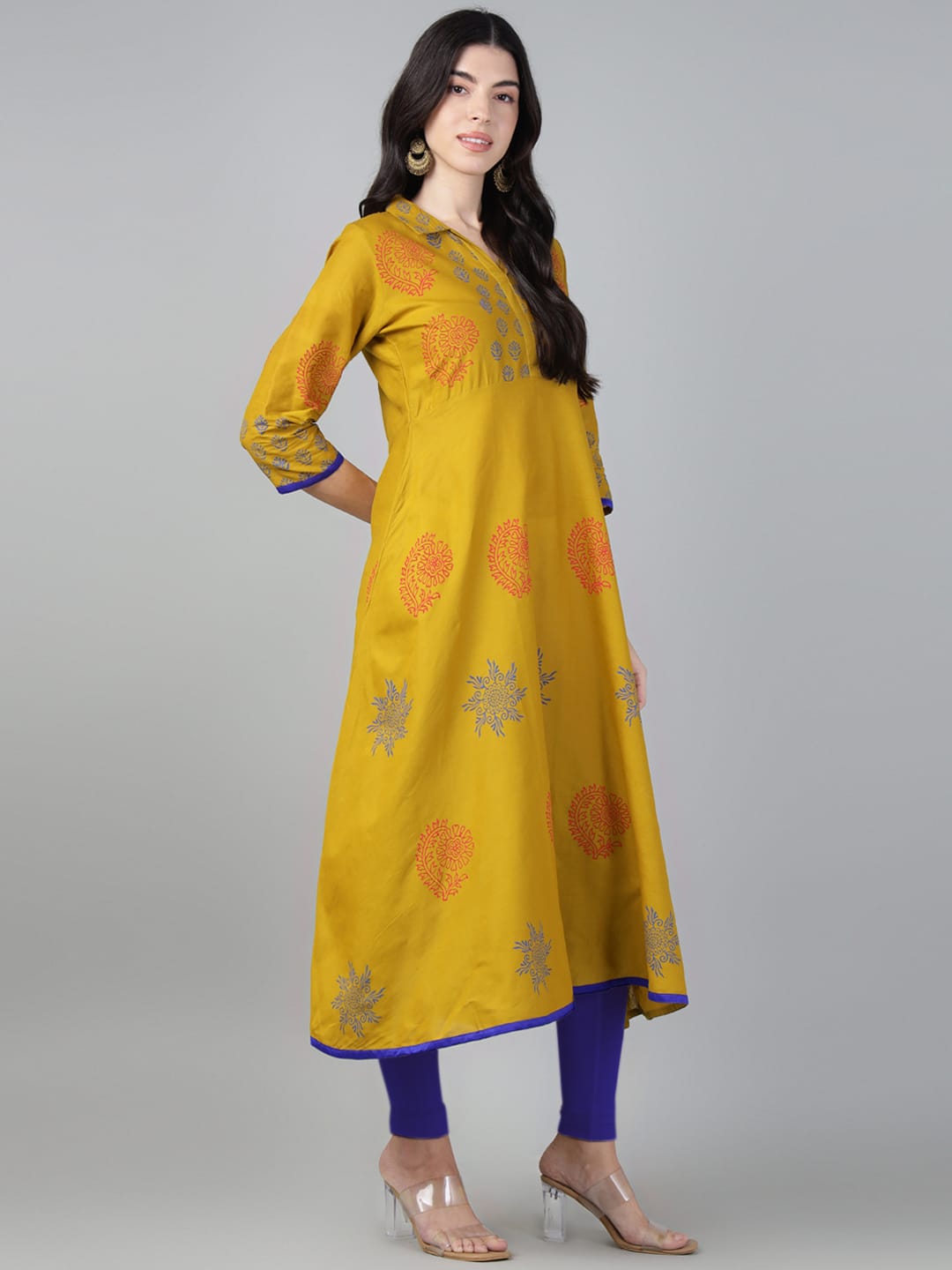 Women Mustard Cotton Printed Anarkali Kurti