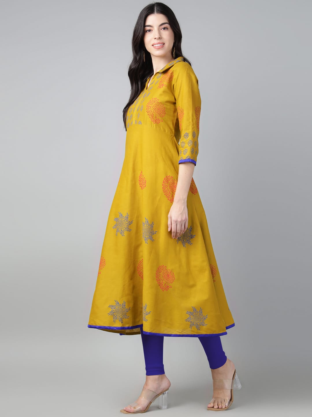 Women Mustard Cotton Printed Anarkali Kurti