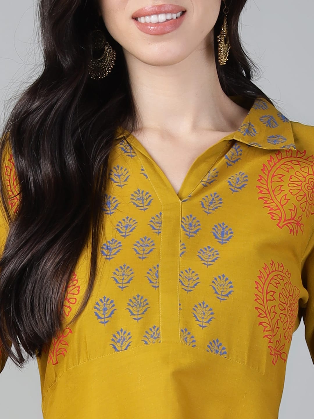 Women Mustard Cotton Printed Anarkali Kurti