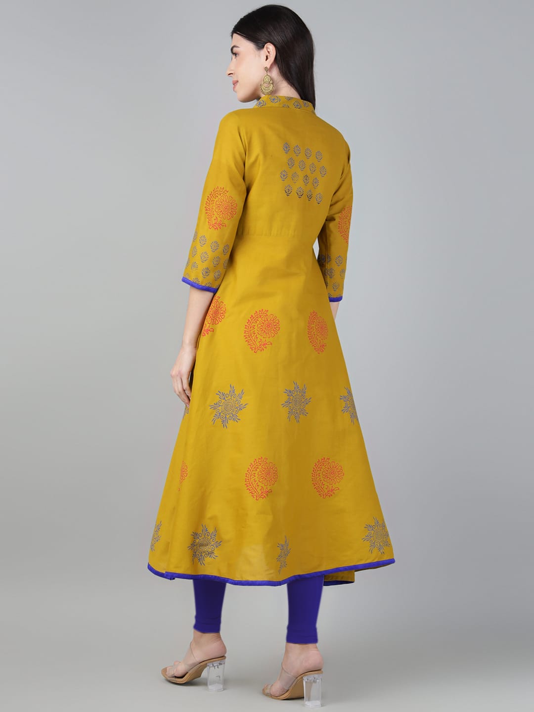 Women Mustard Cotton Printed Anarkali Kurti