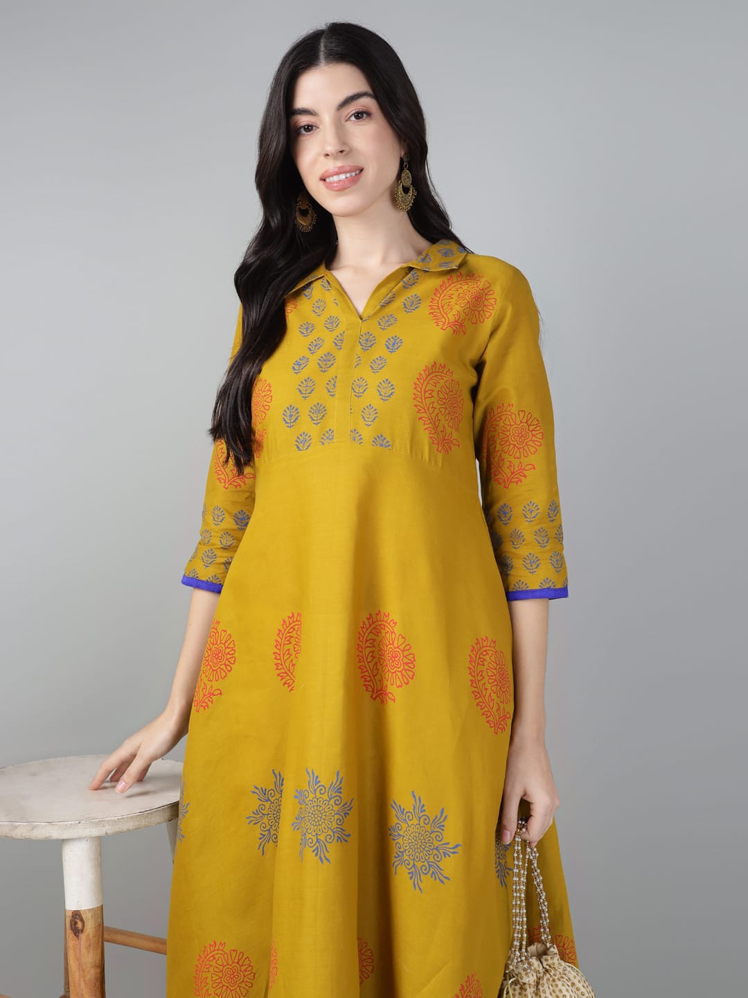 Women Mustard Cotton Printed Anarkali Kurti