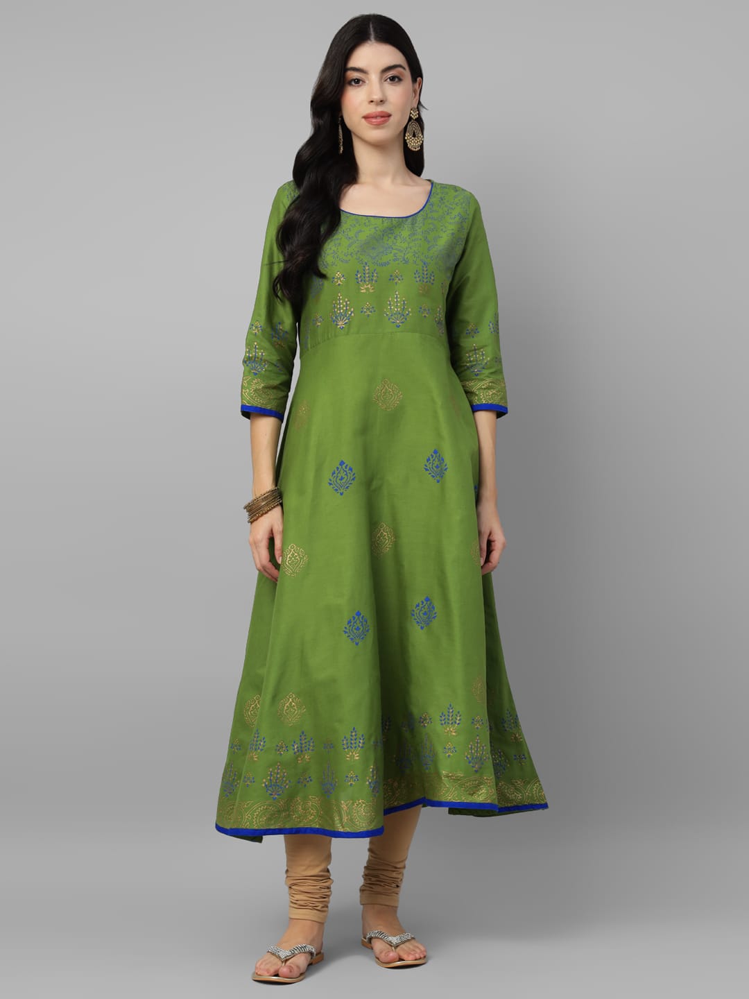 Women Green Cotton Printed Anarkali Kurti