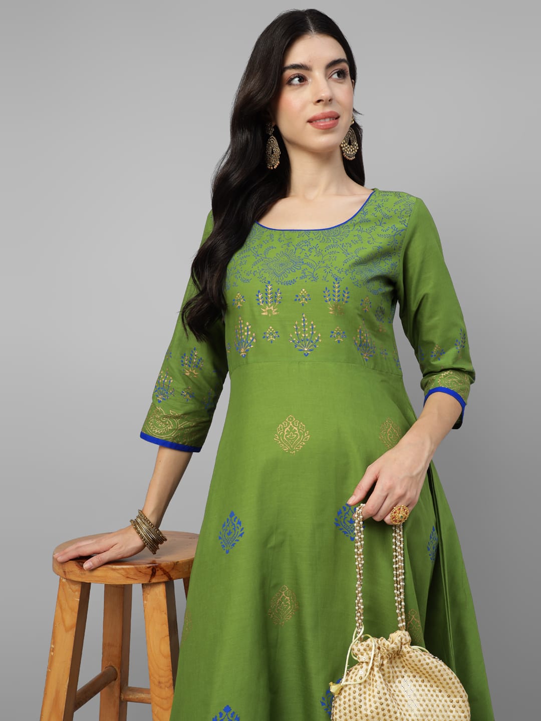 Women Green Cotton Printed Anarkali Kurti