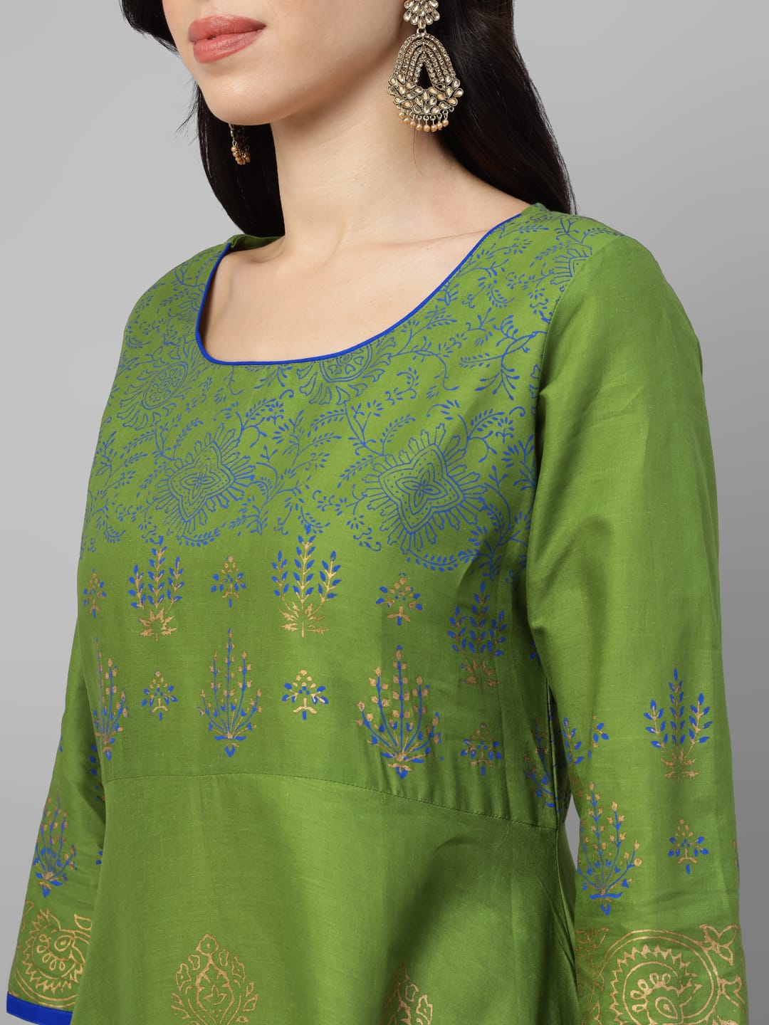 Women Green Cotton Printed Anarkali Kurti