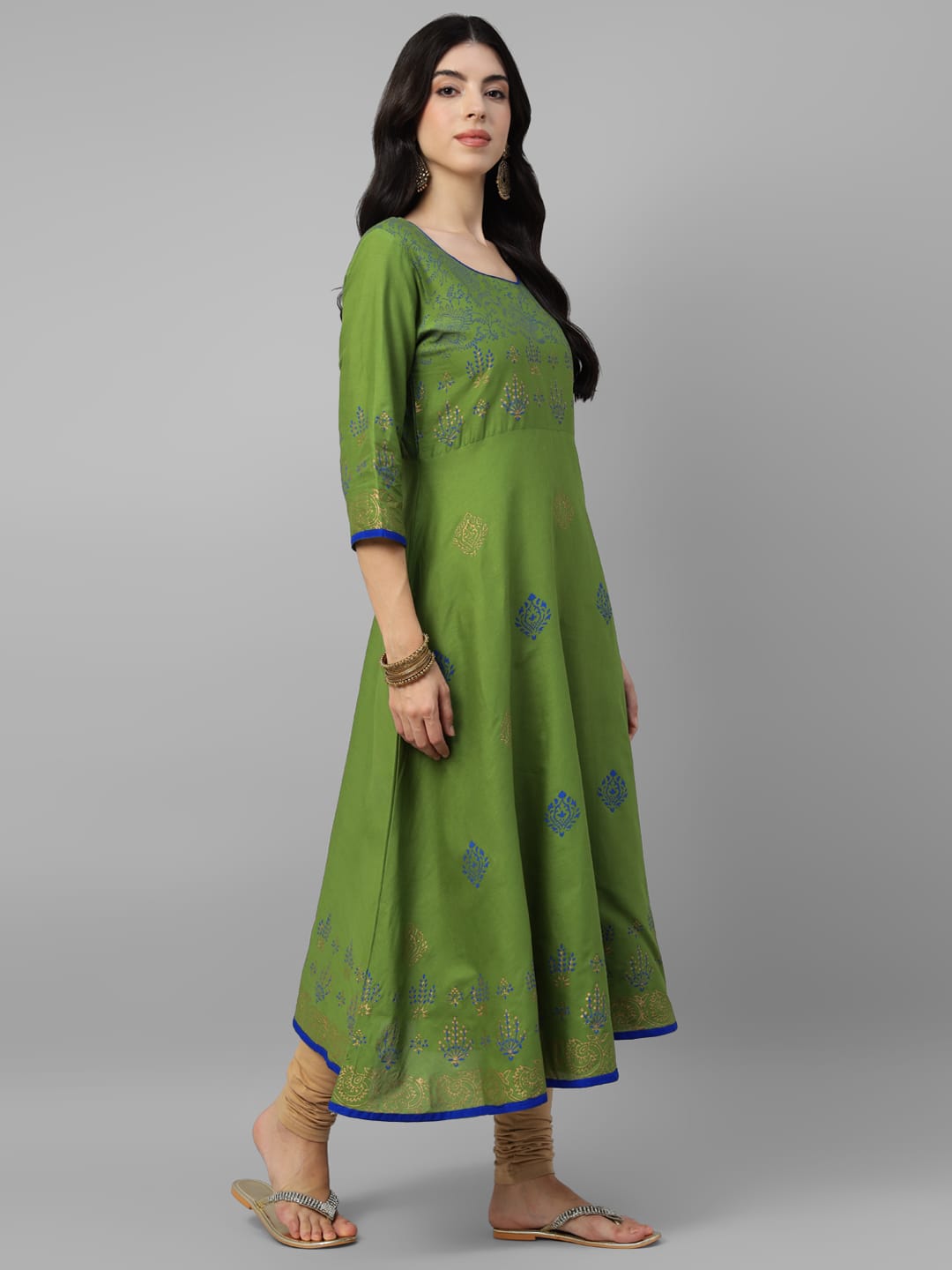 Women Green Cotton Printed Anarkali Kurti