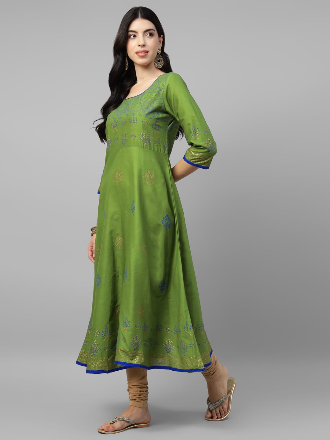 Women Green Cotton Printed Anarkali Kurti