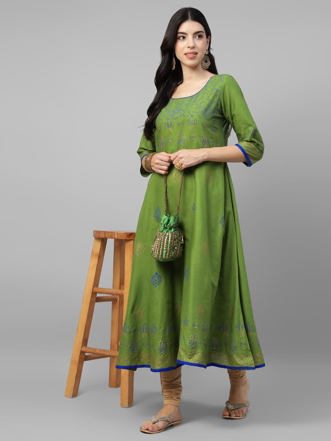 Women Green Cotton Printed Anarkali Kurti