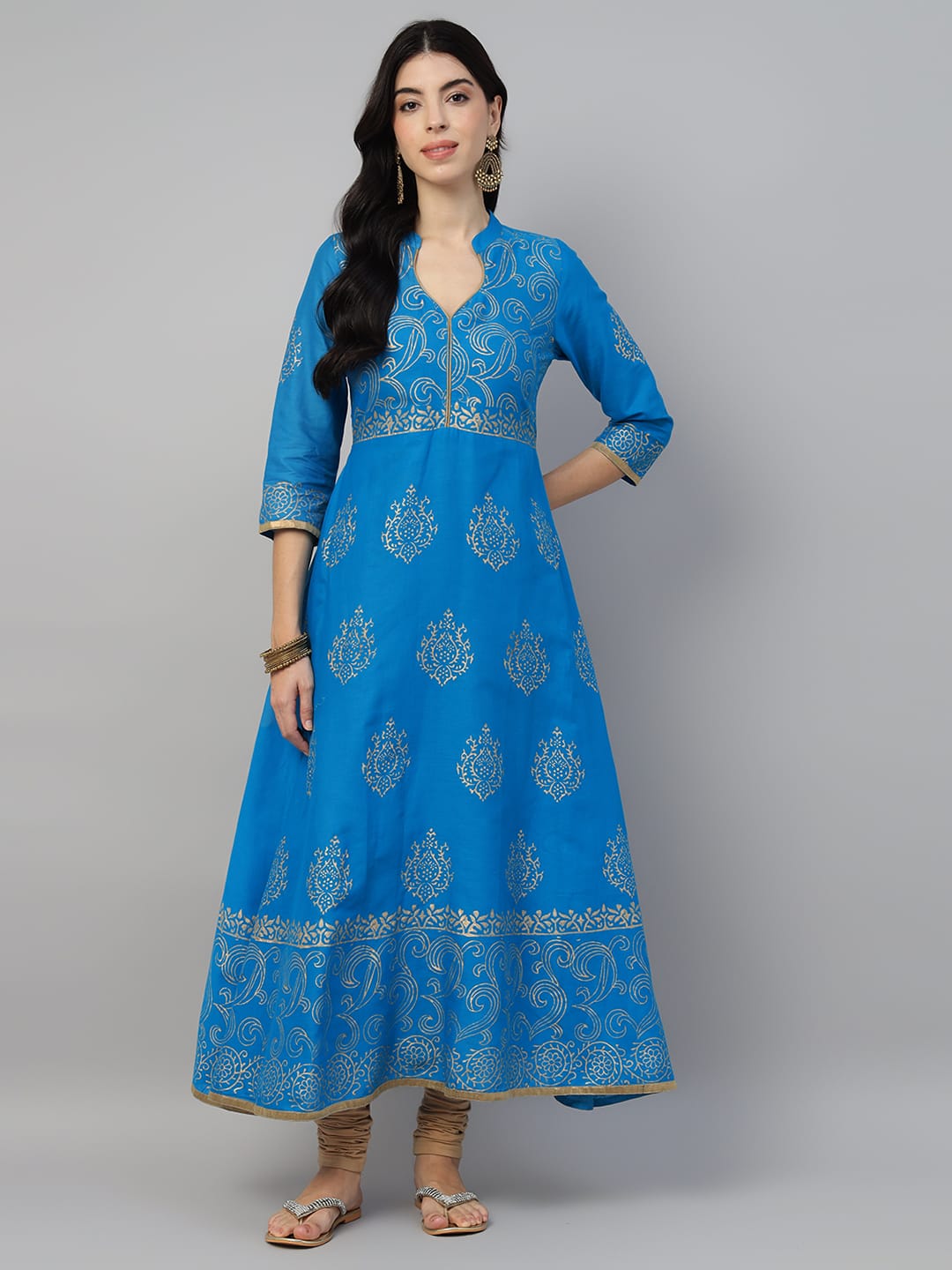 Women Blue Cotton Printed Anarkali Kurti