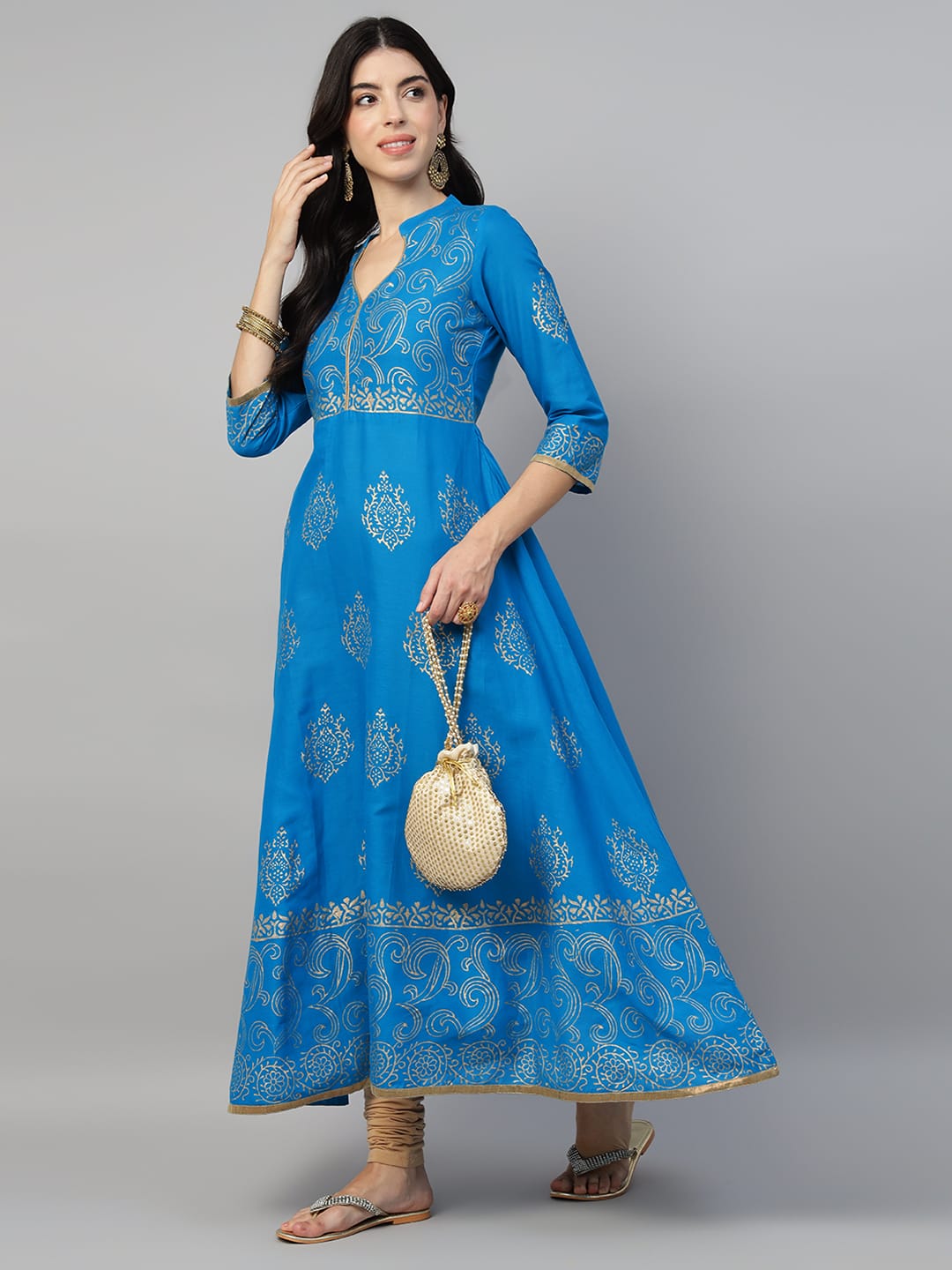 Women Blue Cotton Printed Anarkali Kurti