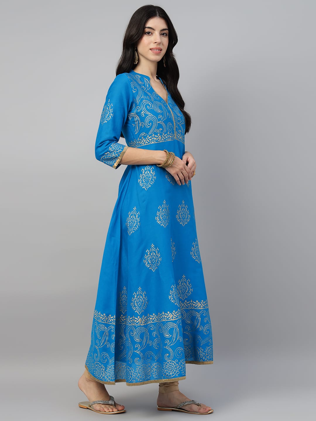 Women Blue Cotton Printed Anarkali Kurti