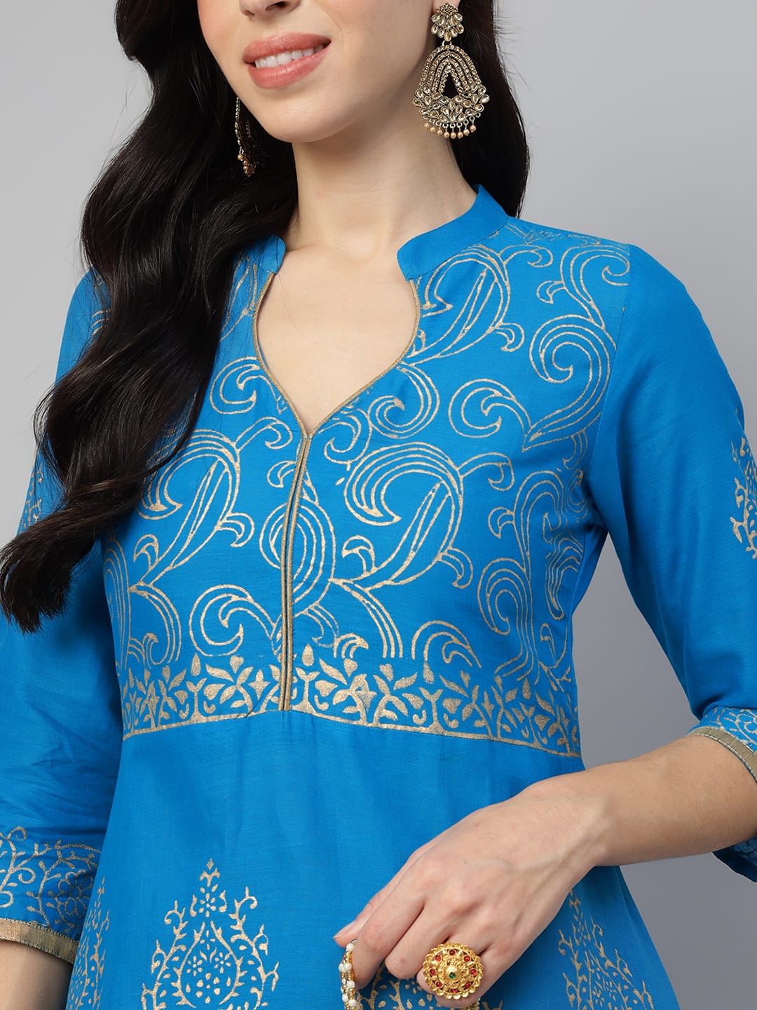 Women Blue Cotton Printed Anarkali Kurti