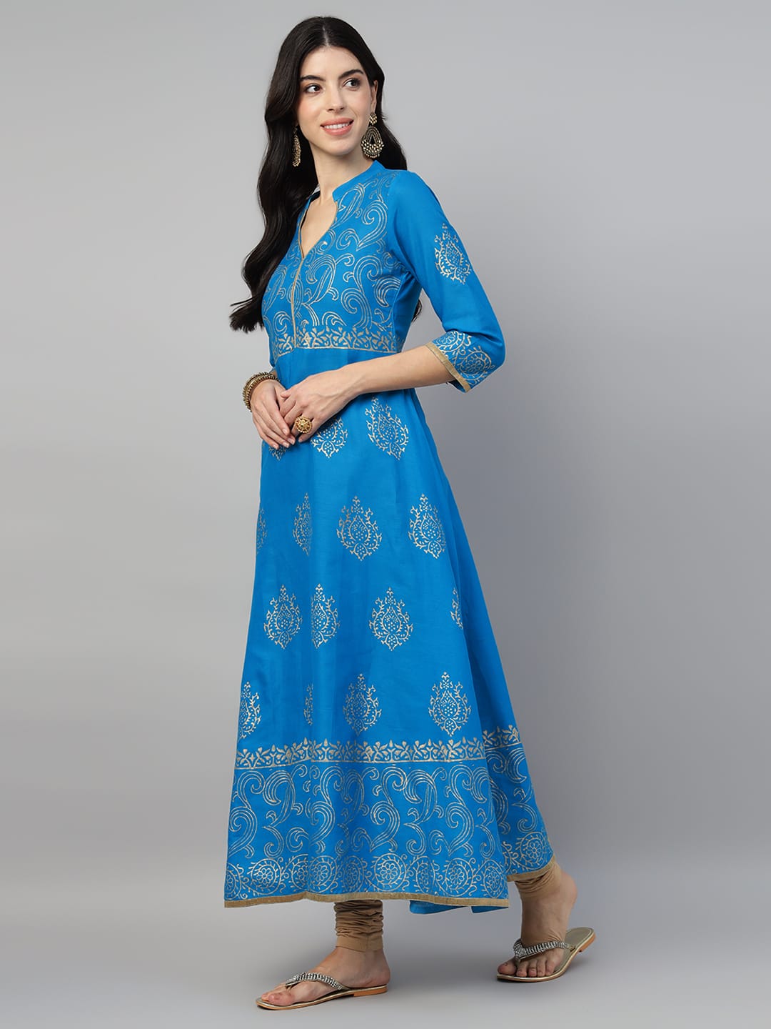 Women Blue Cotton Printed Anarkali Kurti