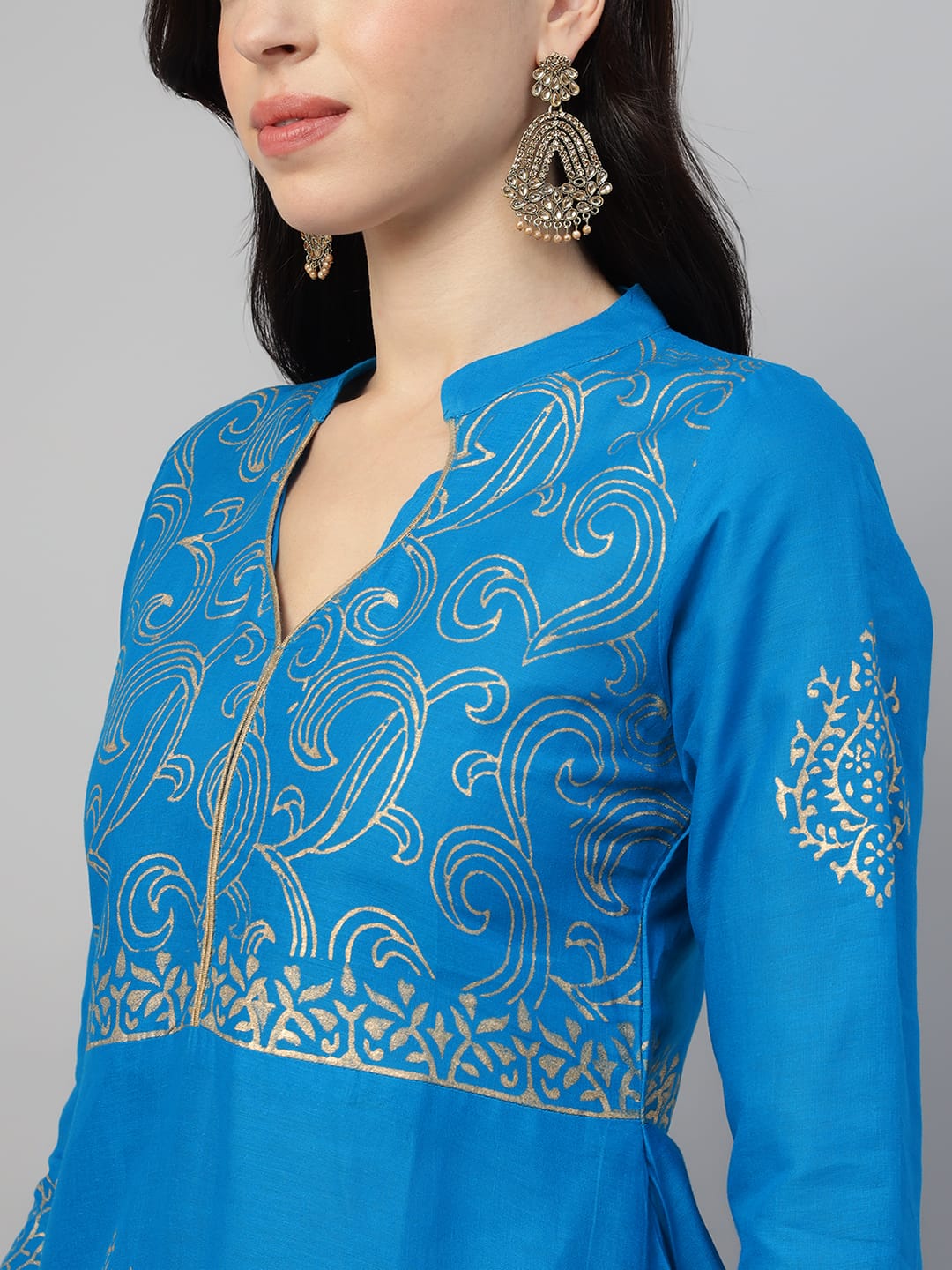 Women Blue Cotton Printed Anarkali Kurti