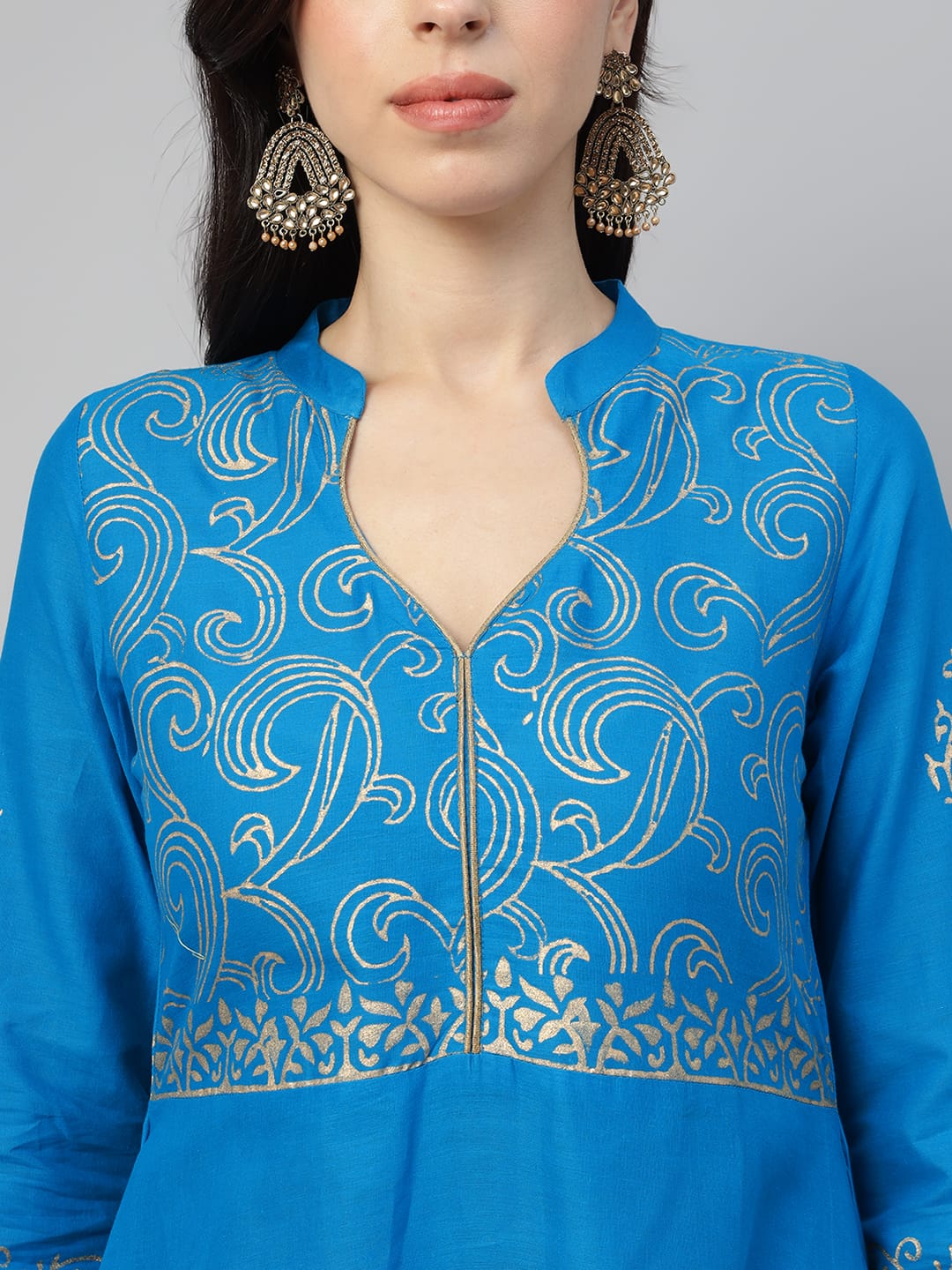 Women Blue Cotton Printed Anarkali Kurti