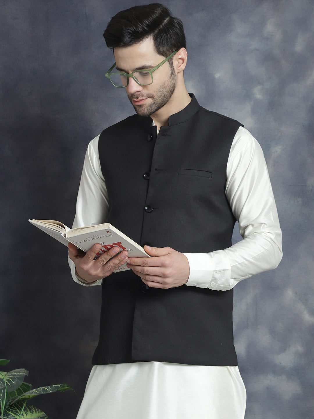 Men's Solid Nehru Jacket with White Kurta & Churidar NOZ2TOZ - Made In INDIA.