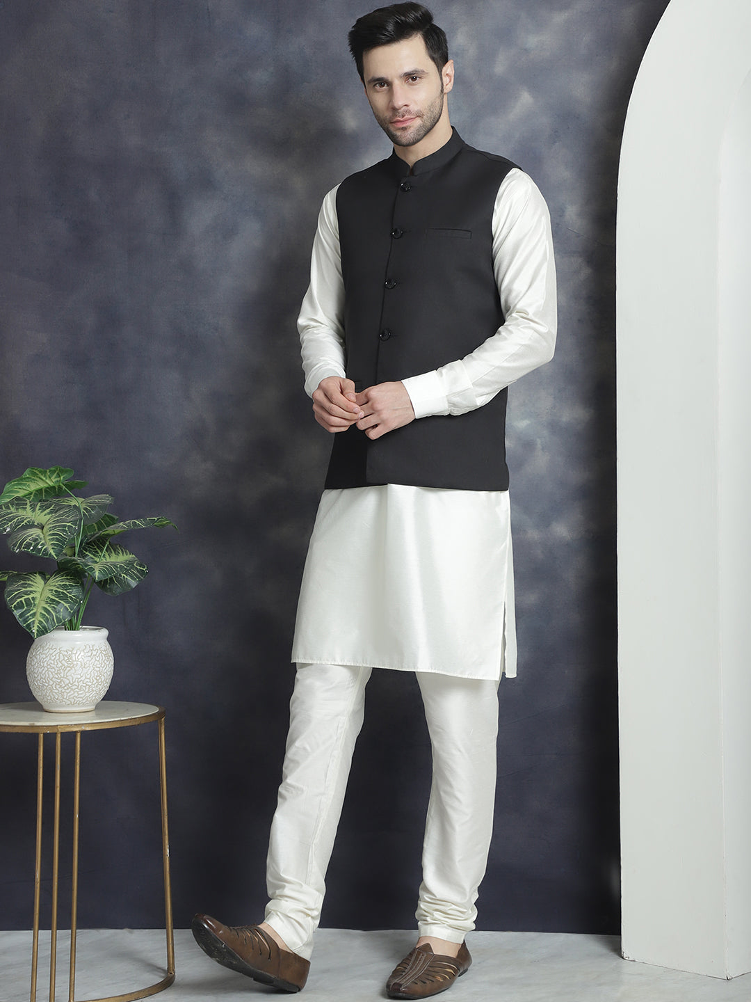 Men's Solid Nehru Jacket with White Kurta & Churidar NOZ2TOZ - Made In INDIA.