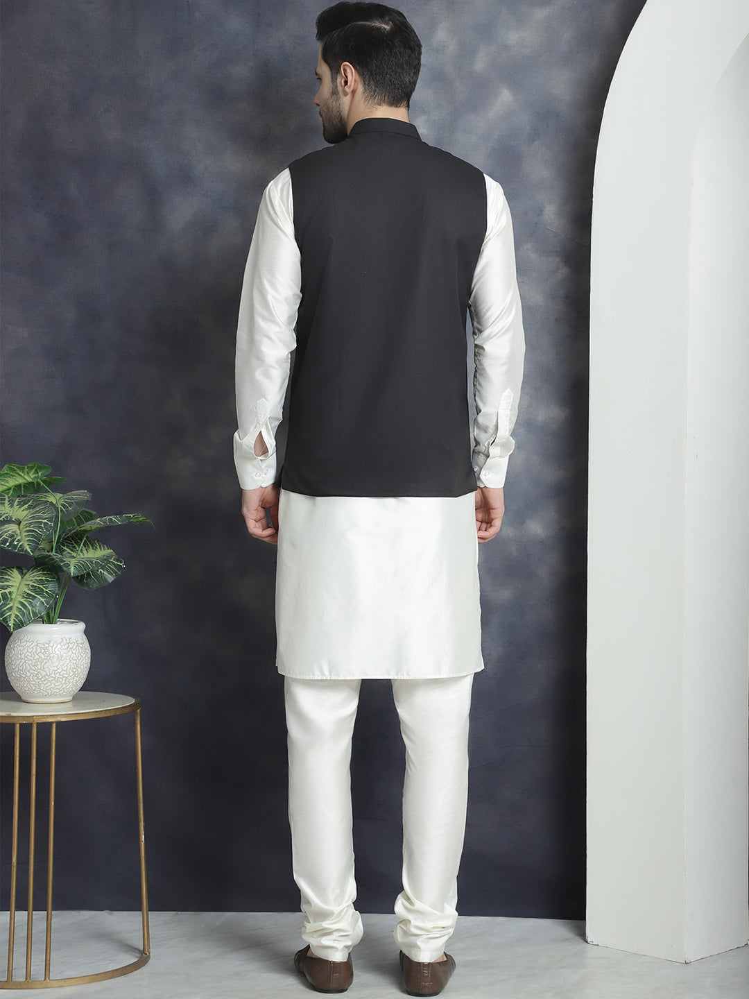 Men's Solid Nehru Jacket with White Kurta & Churidar NOZ2TOZ - Made In INDIA.