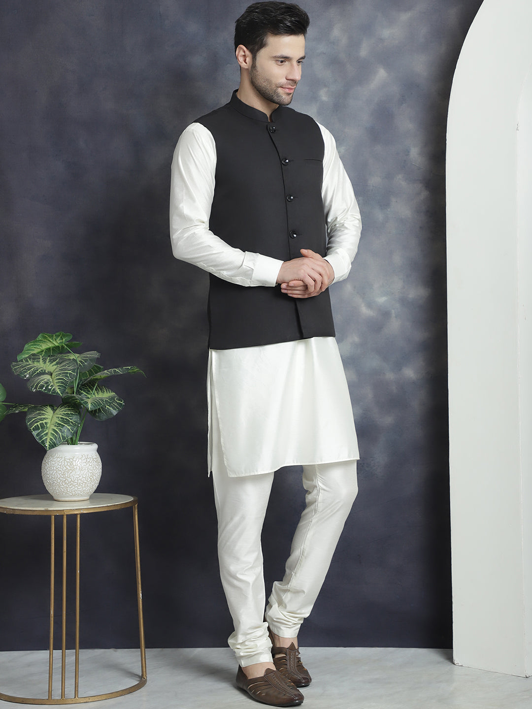 Men's Solid Nehru Jacket with White Kurta & Churidar NOZ2TOZ - Made In INDIA.