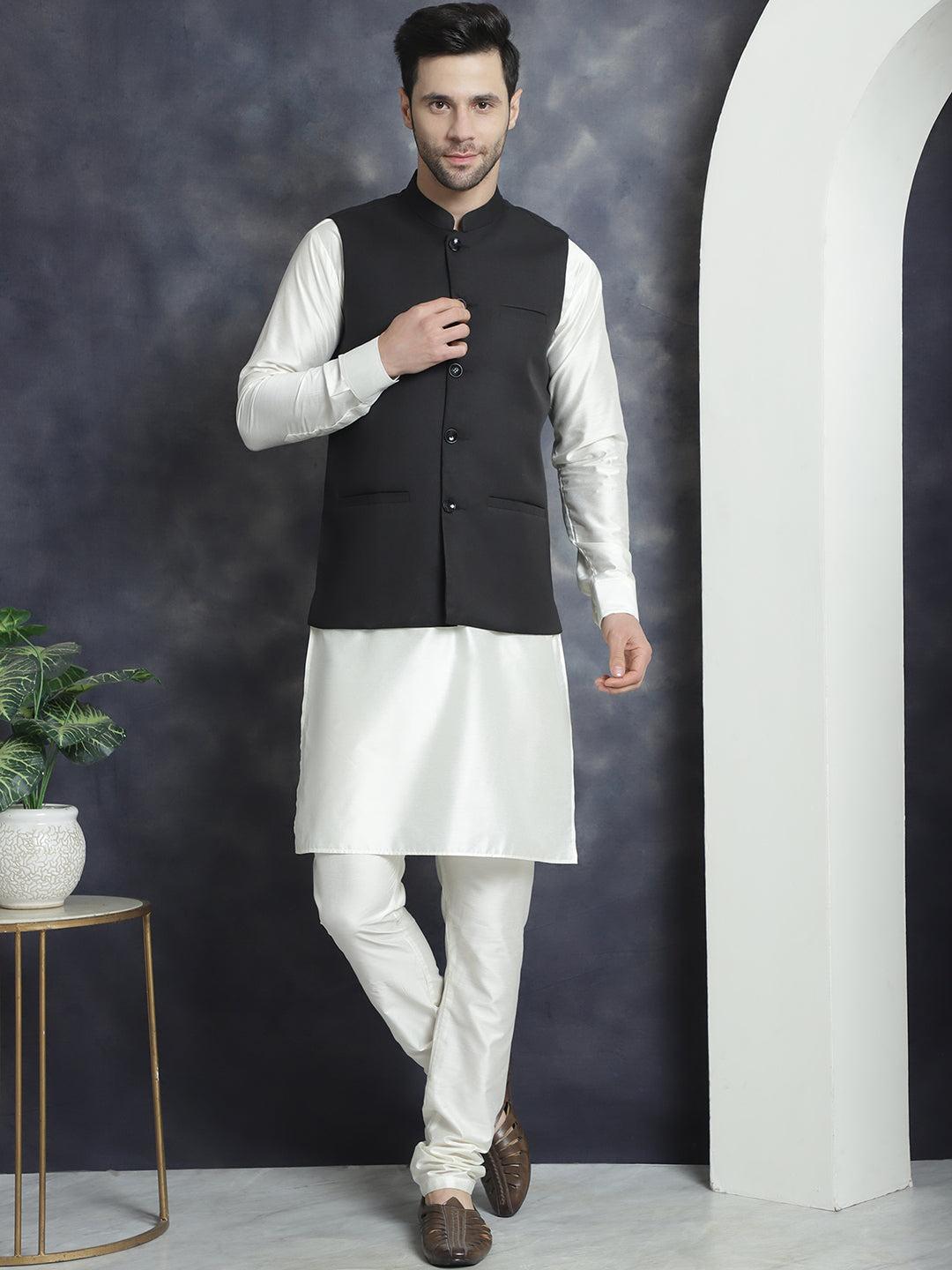 Men's Solid Nehru Jacket with White Kurta & Churidar NOZ2TOZ - Made In INDIA.