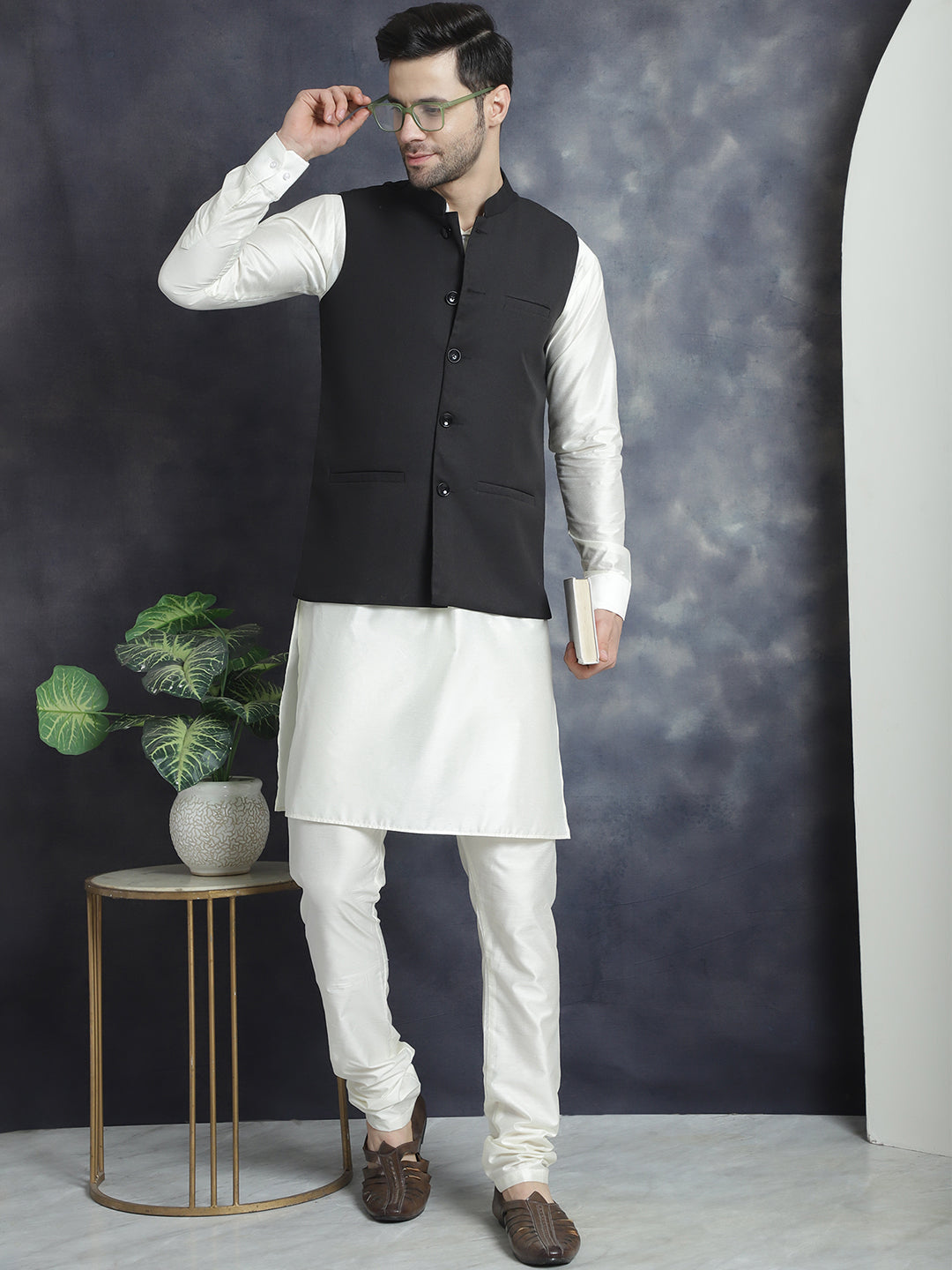 Men's Solid Nehru Jacket with White Kurta & Churidar NOZ2TOZ - Made In INDIA.