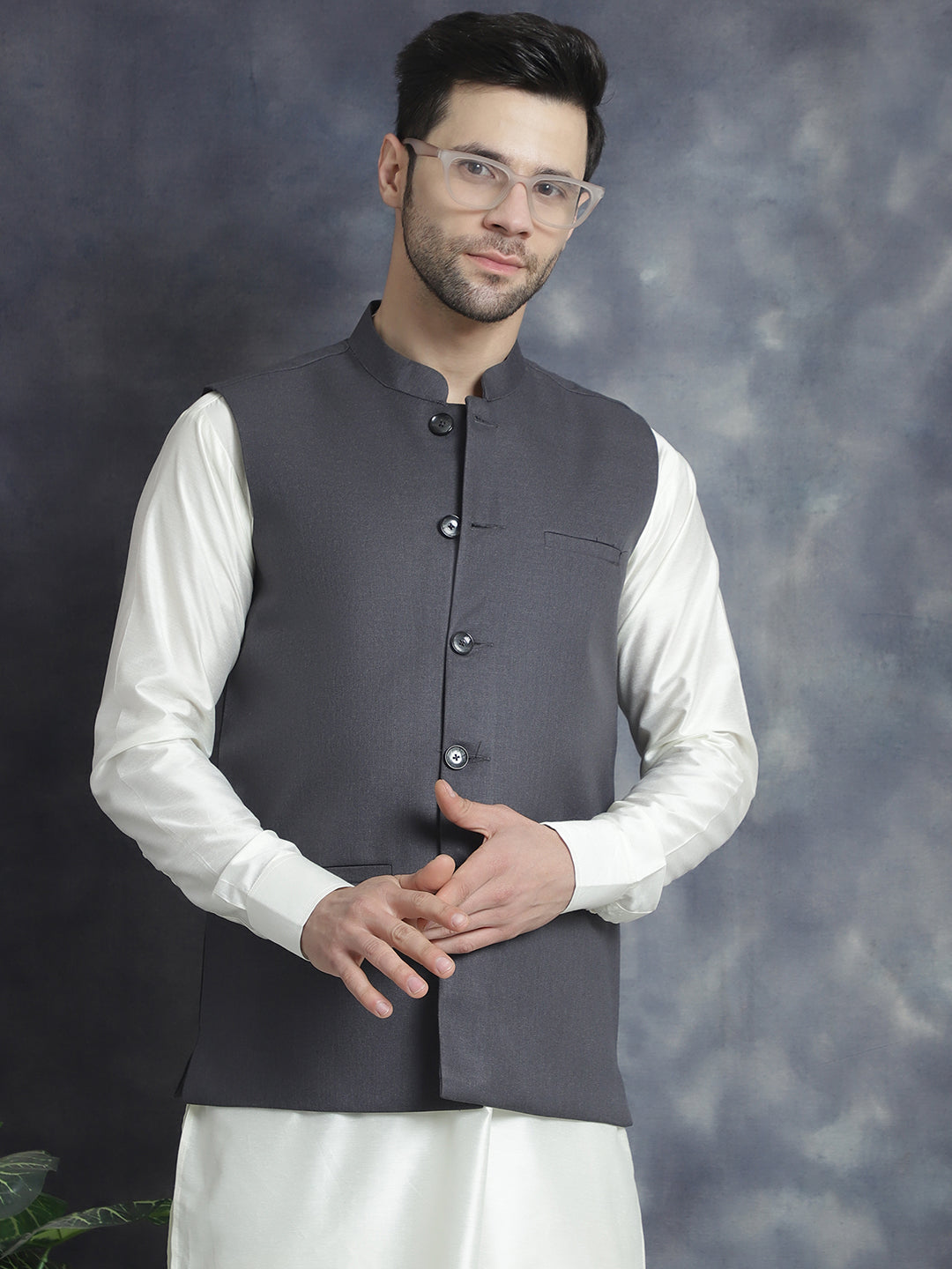 Men's Solid Nehru Jacket with White Kurta & Churidar NOZ2TOZ - Made In INDIA.