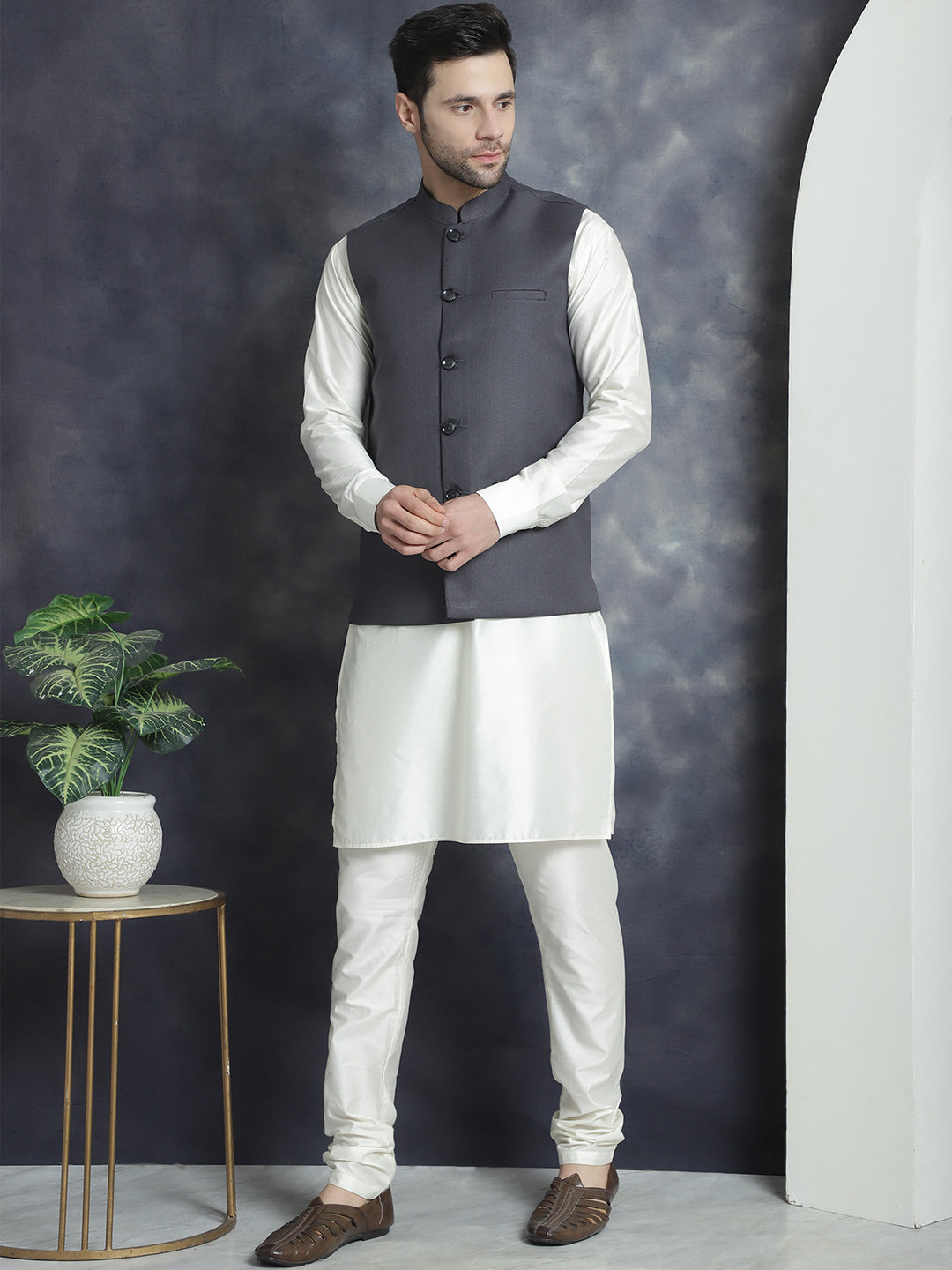 Men's Solid Nehru Jacket with White Kurta & Churidar NOZ2TOZ - Made In INDIA.