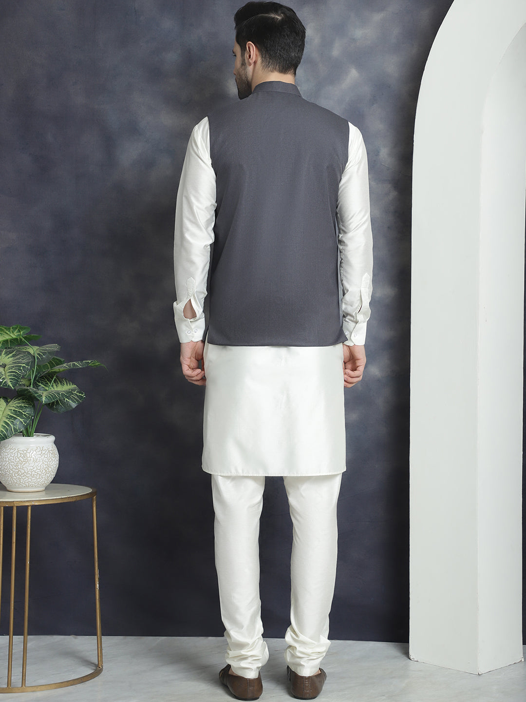 Men's Solid Nehru Jacket with White Kurta & Churidar NOZ2TOZ - Made In INDIA.