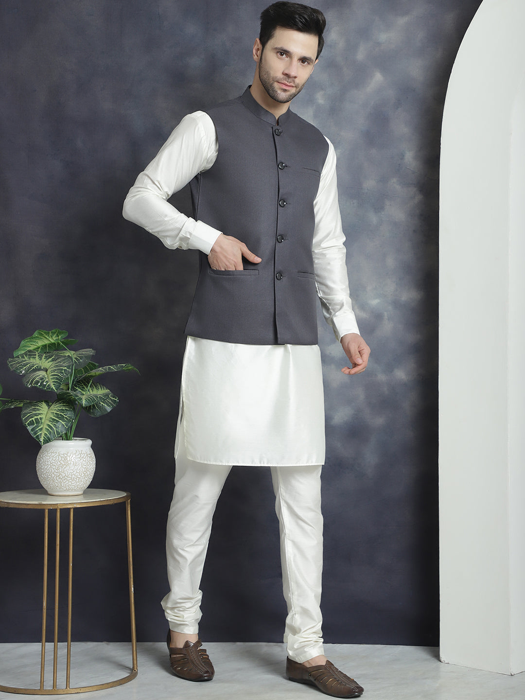 Men's Solid Nehru Jacket with White Kurta & Churidar NOZ2TOZ - Made In INDIA.