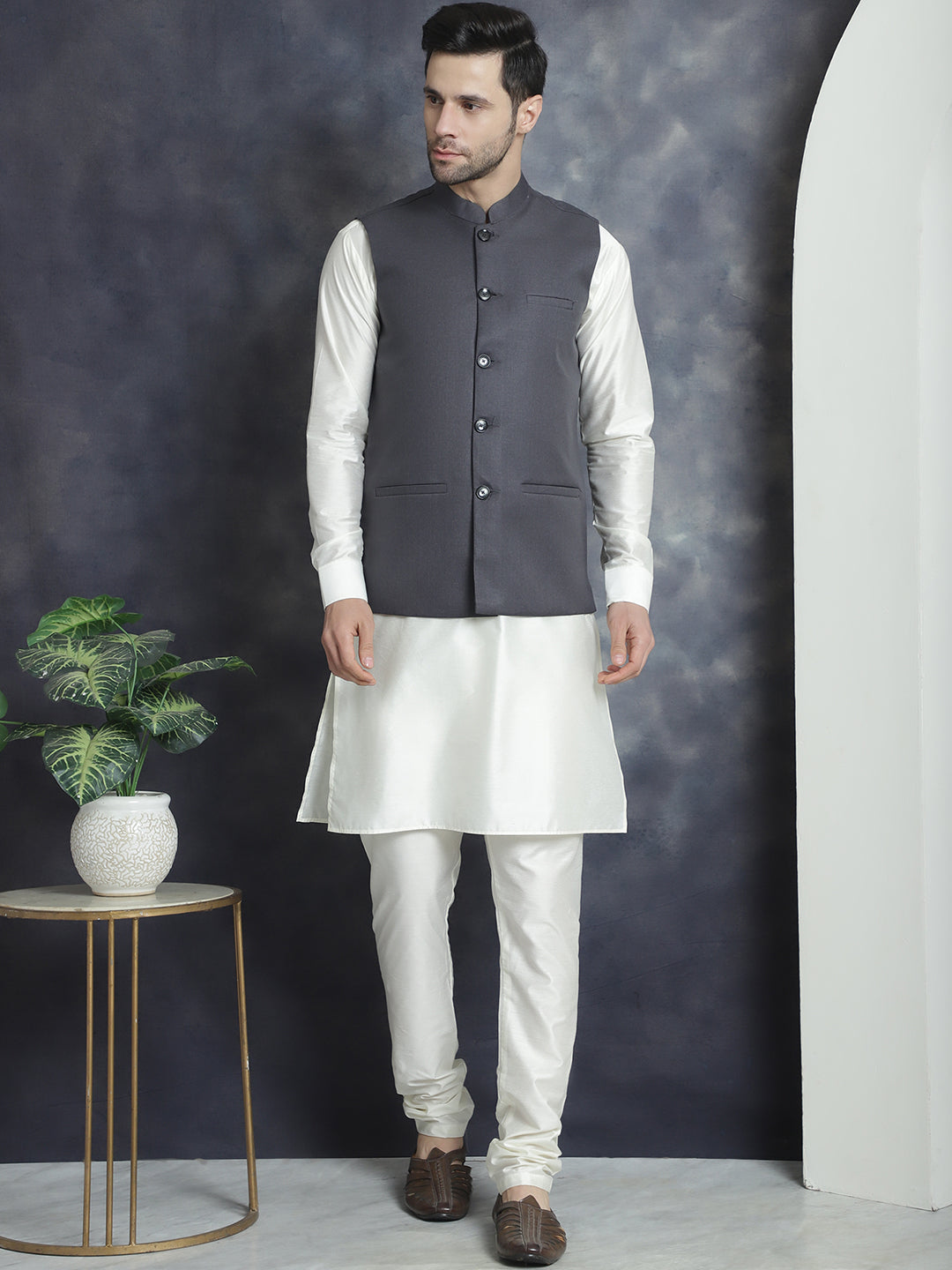 Men's Solid Nehru Jacket with White Kurta & Churidar NOZ2TOZ - Made In INDIA.